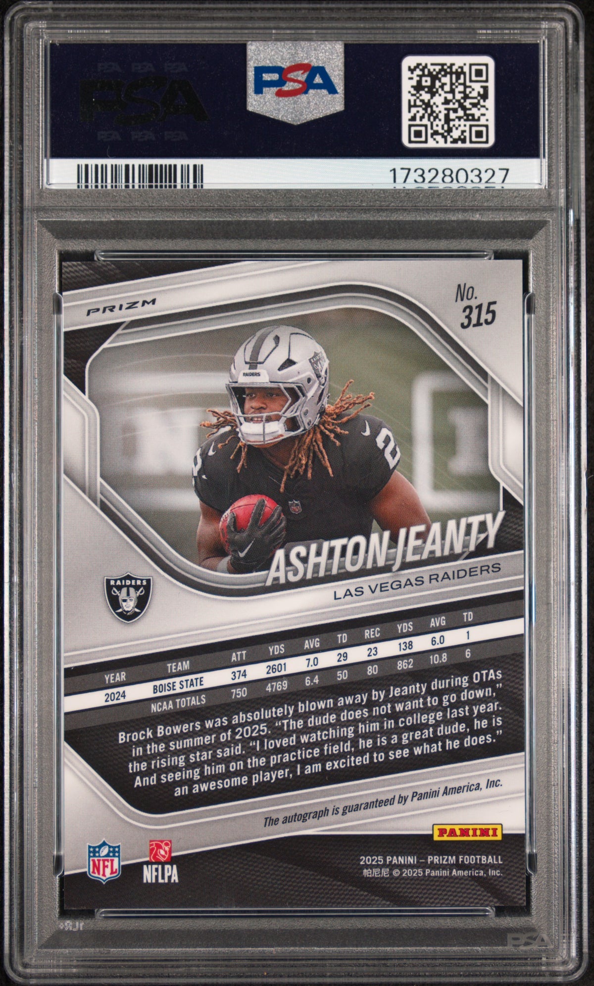 ASHTON JEANTY 2025 Panini Prizm Rookie Auto Silver #315 PSA 9 Raiders