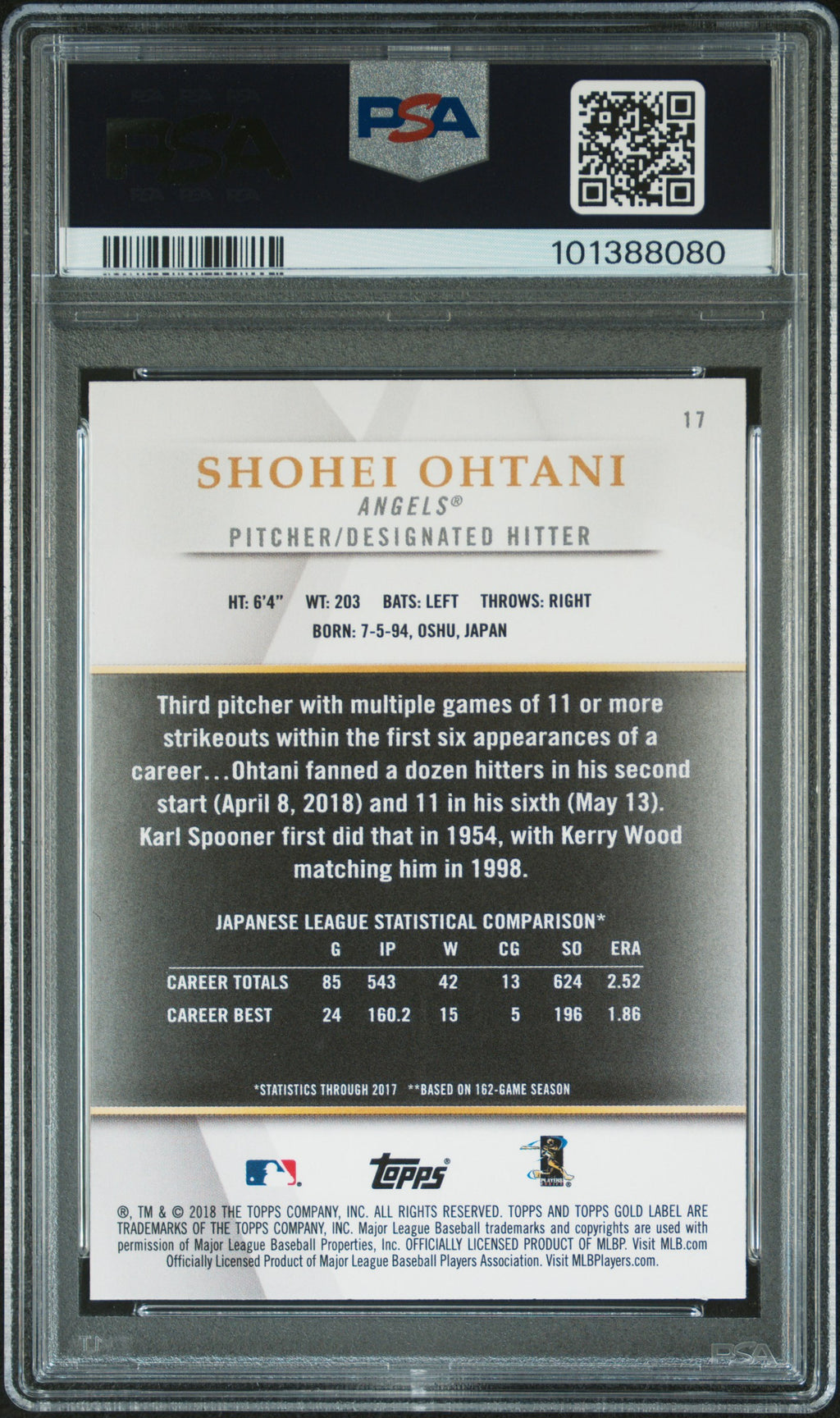 SHOHEI OHTANI 2018 Topps Gold Label Rookie Class 1 #17 PSA 10 Los Angeles Angels
