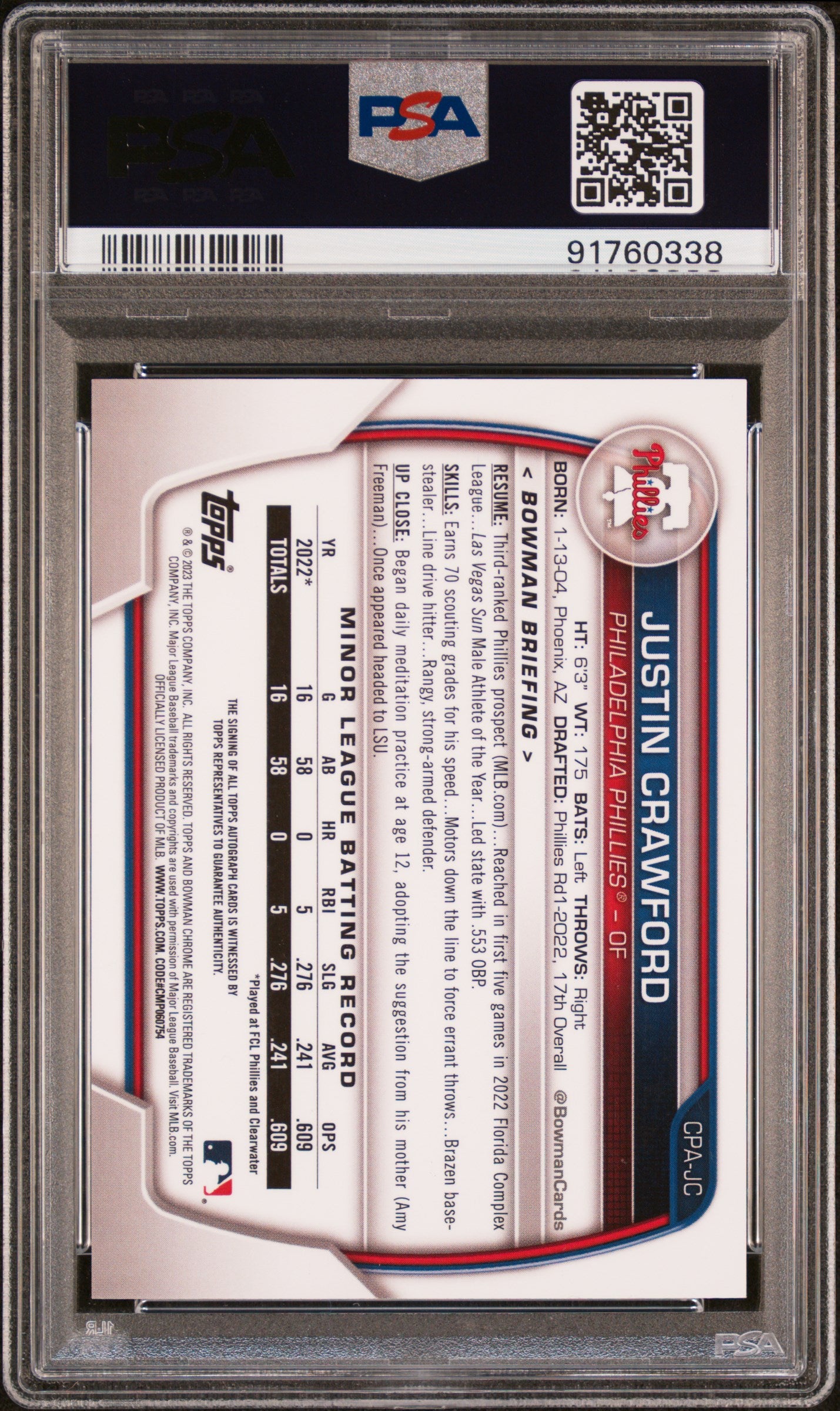 JUSTIN CRAWFORD 2023 Bowman Chrome 1st Prospect Auto Purple /250 #CPAJC PSA AUTH