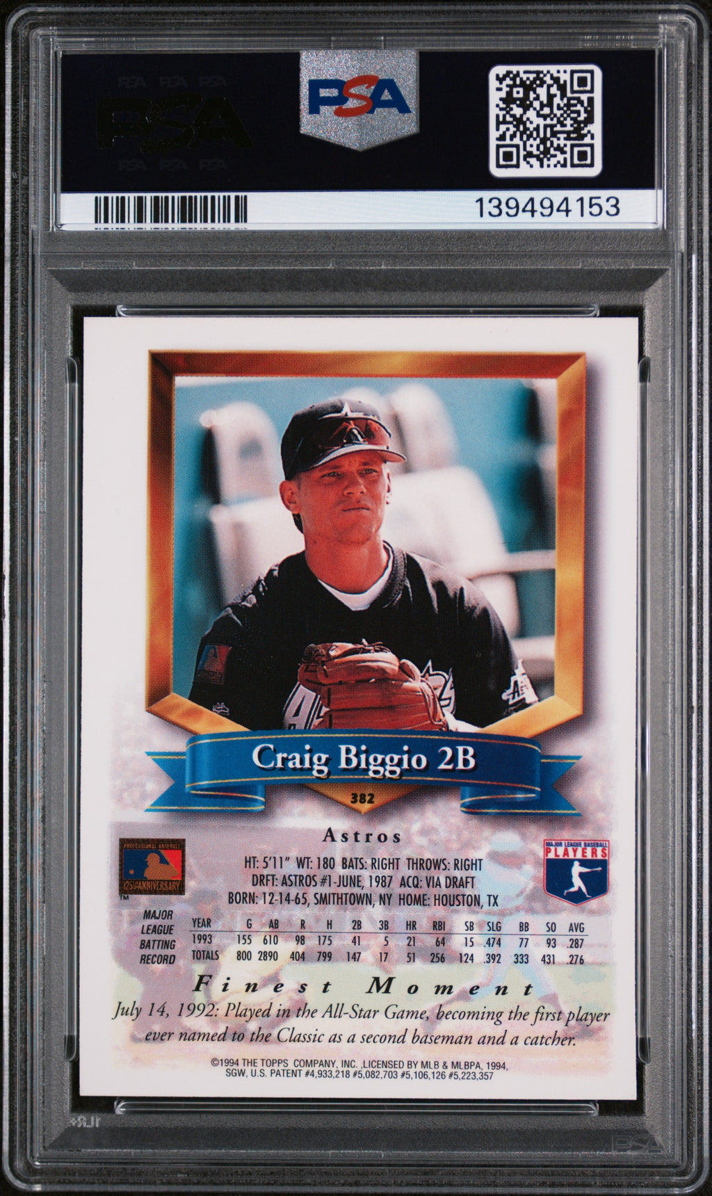 CRAIG BIGGIO 1994 Topps Finest Refractor #382 PSA 8 Houston Astros