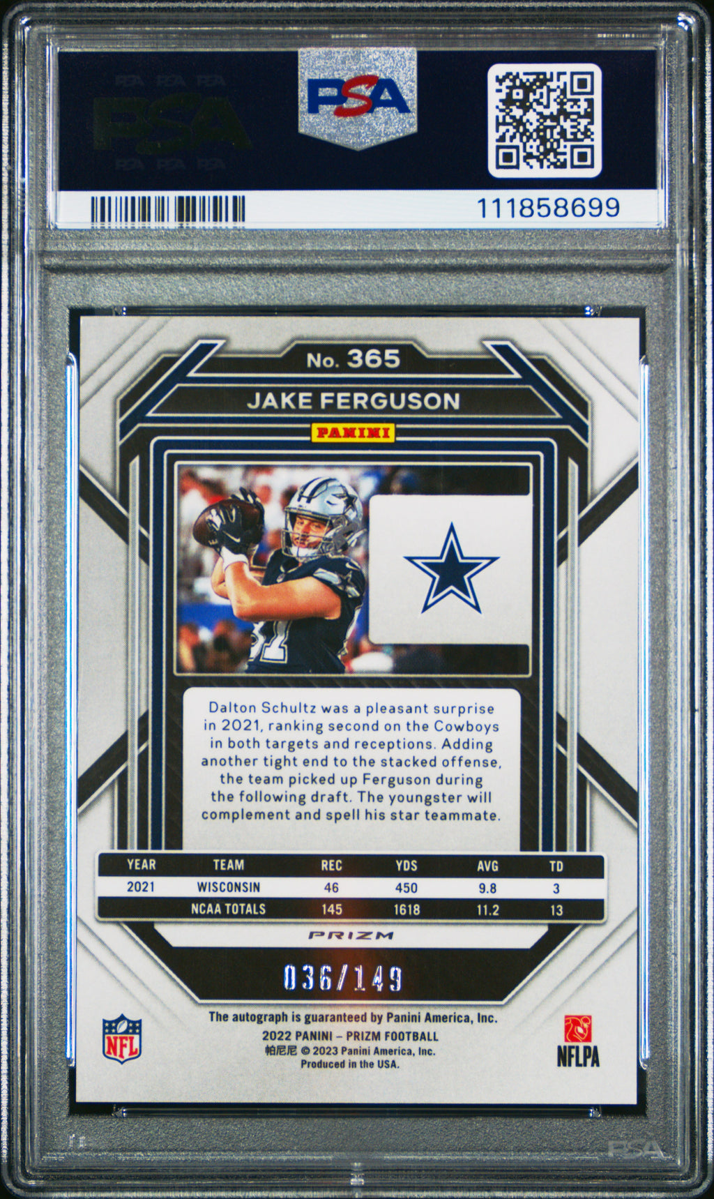 JAKE FERGUSON 2022 Panini Prizm Rookie Auto Red Wave /149 #365 PSA 10 Cowboys
