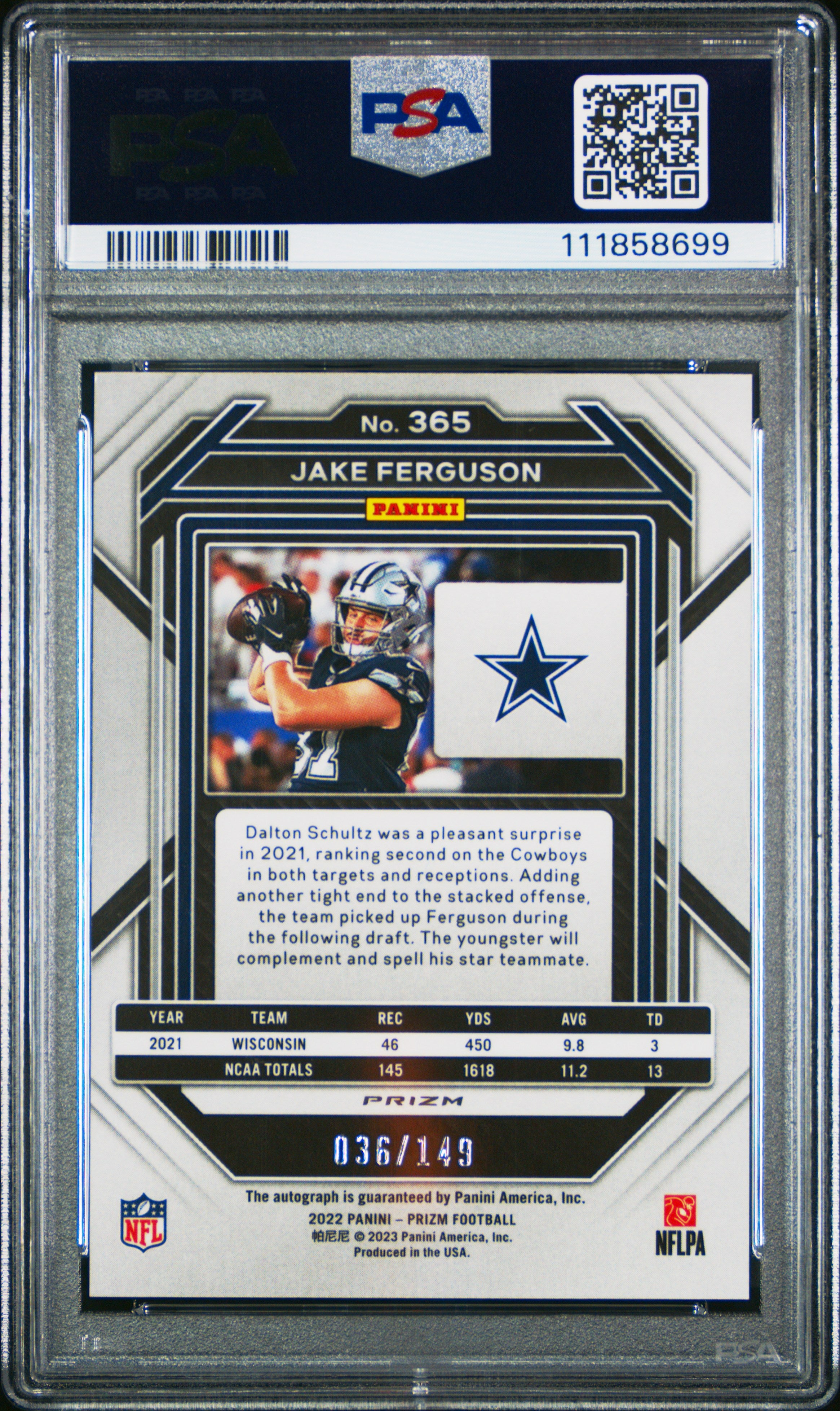 JAKE FERGUSON 2022 Panini Prizm Rookie Auto Red Wave /149 #365 PSA 10 Cowboys