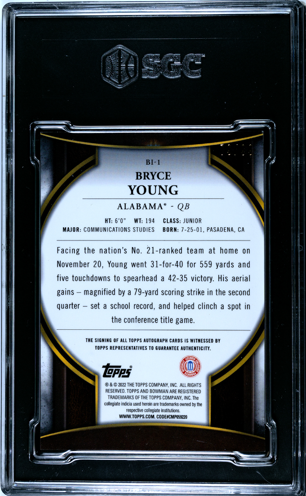BRYCE YOUNG 2022 Bowman U Chrome Invicta Auto /99 #BI-1 SGC 9 Alabama