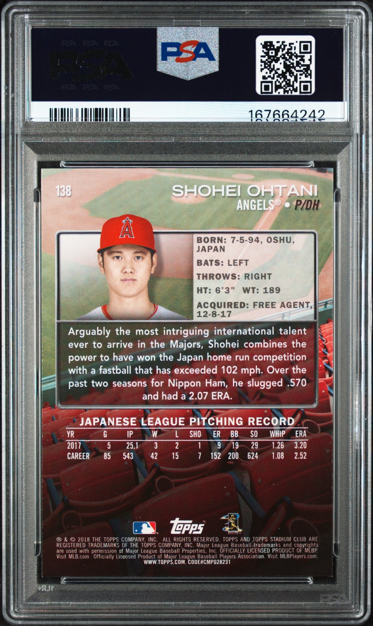 SHOHEI OHTANI 2018 Topps Stadium Club Rookie At Podium #138 PSA 10 Angels