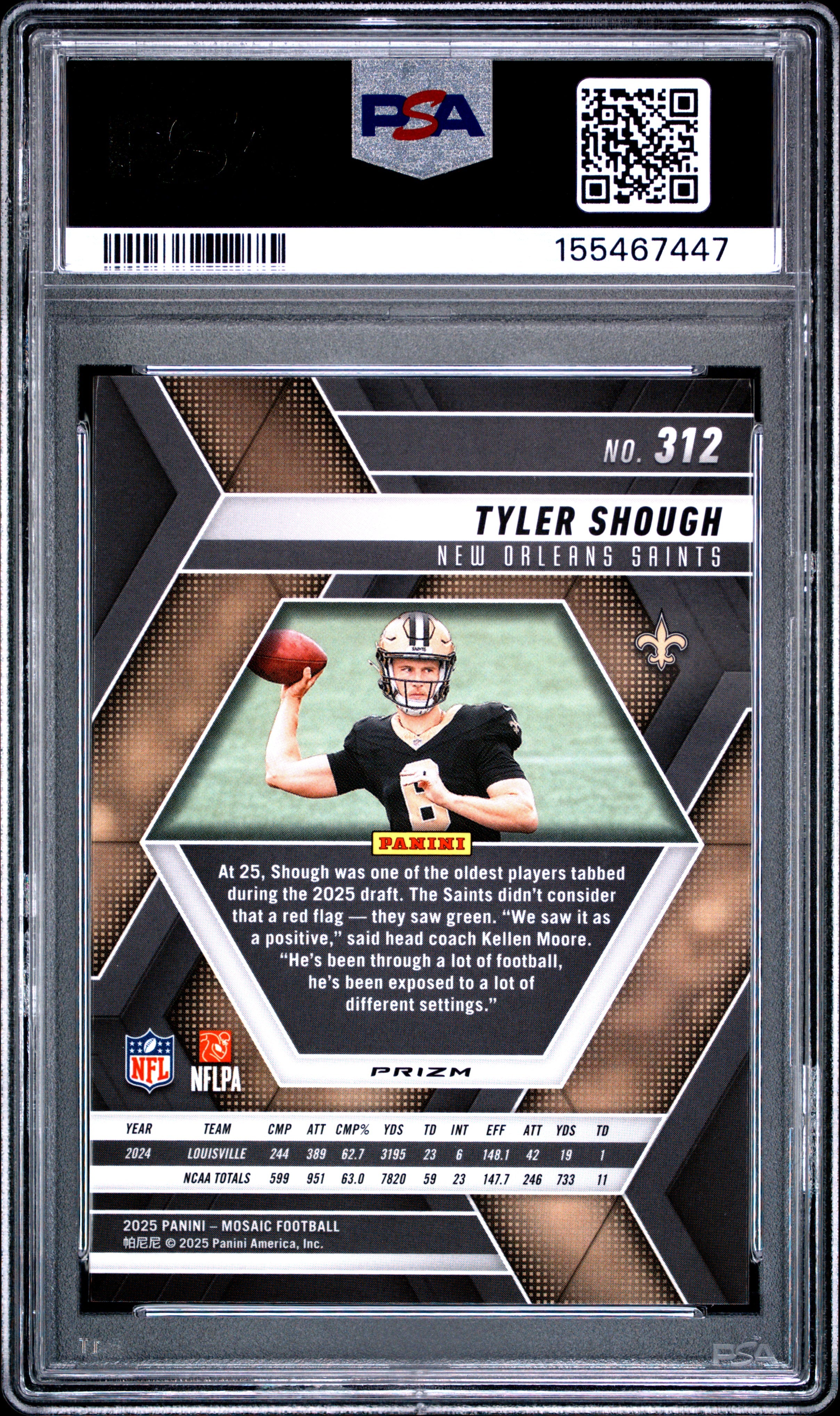 TYLER SHOUGH 2025 Panini Mosaic Rookie Silver Prizm #312 PSA 10 Saints