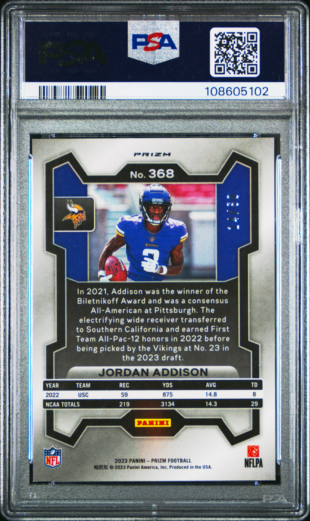 JORDAN ADDISON 2023 Panini Prizm Rookie Orange Wave /60 #368 PSA 10 Vikings