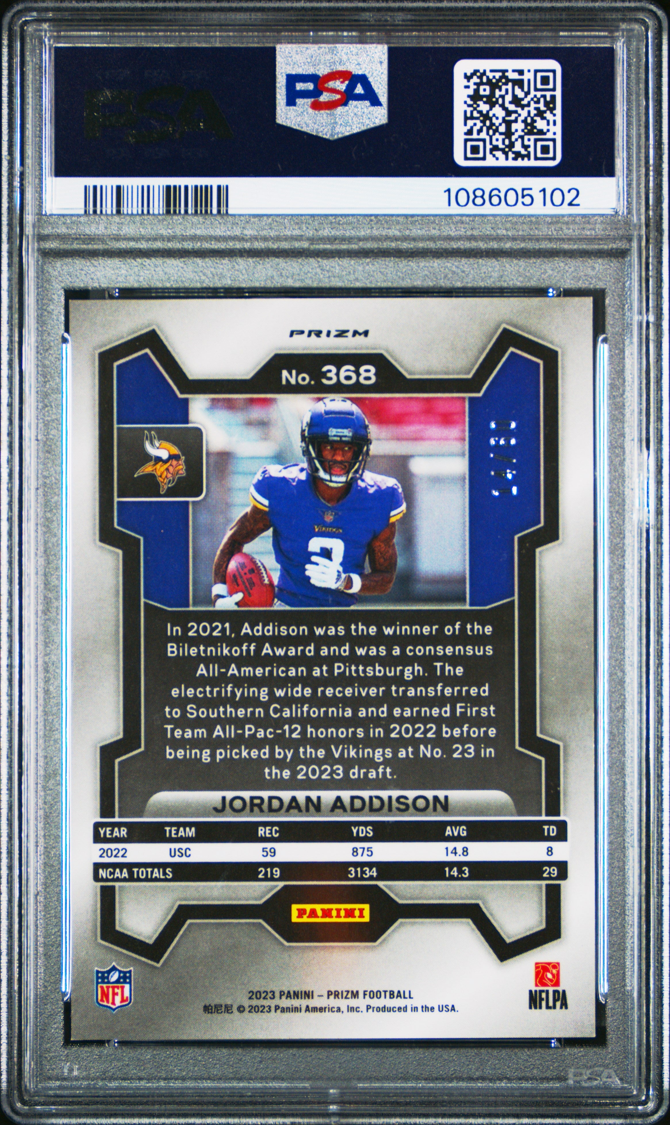 JORDAN ADDISON 2023 Panini Prizm Rookie Orange Wave /60 #368 PSA 10 Vikings