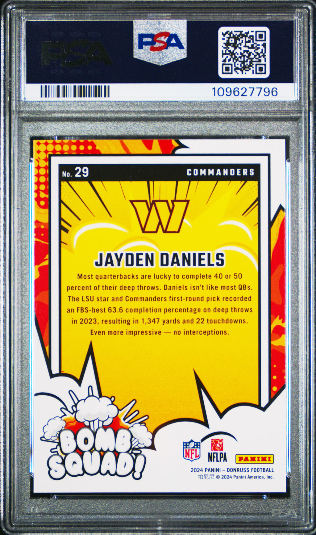 JAYDEN DANIELS 2024 Panini Donruss Rookie Bomb Squad #29 PSA 10 Commanders