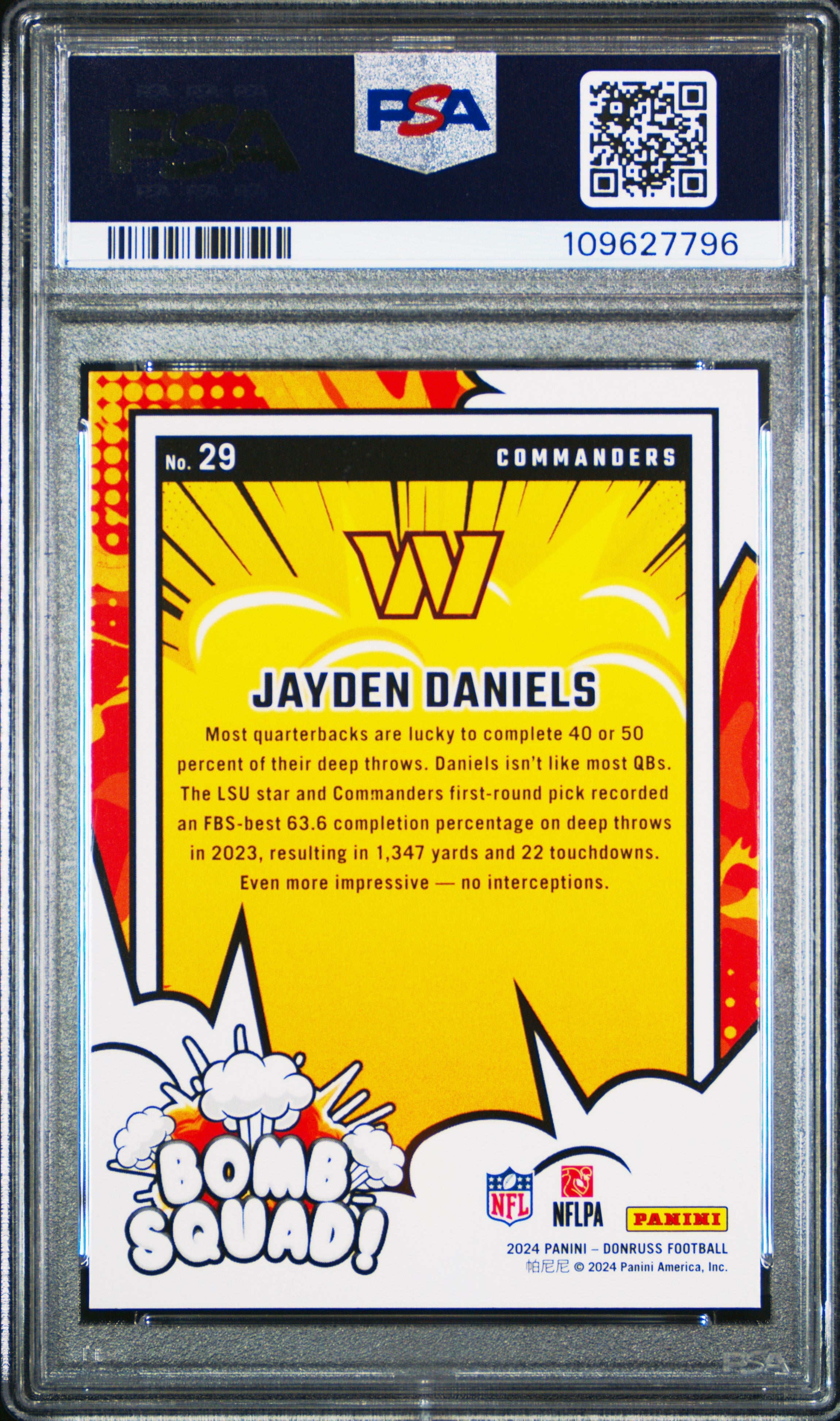 JAYDEN DANIELS 2024 Panini Donruss Rookie Bomb Squad #29 PSA 10 Commanders