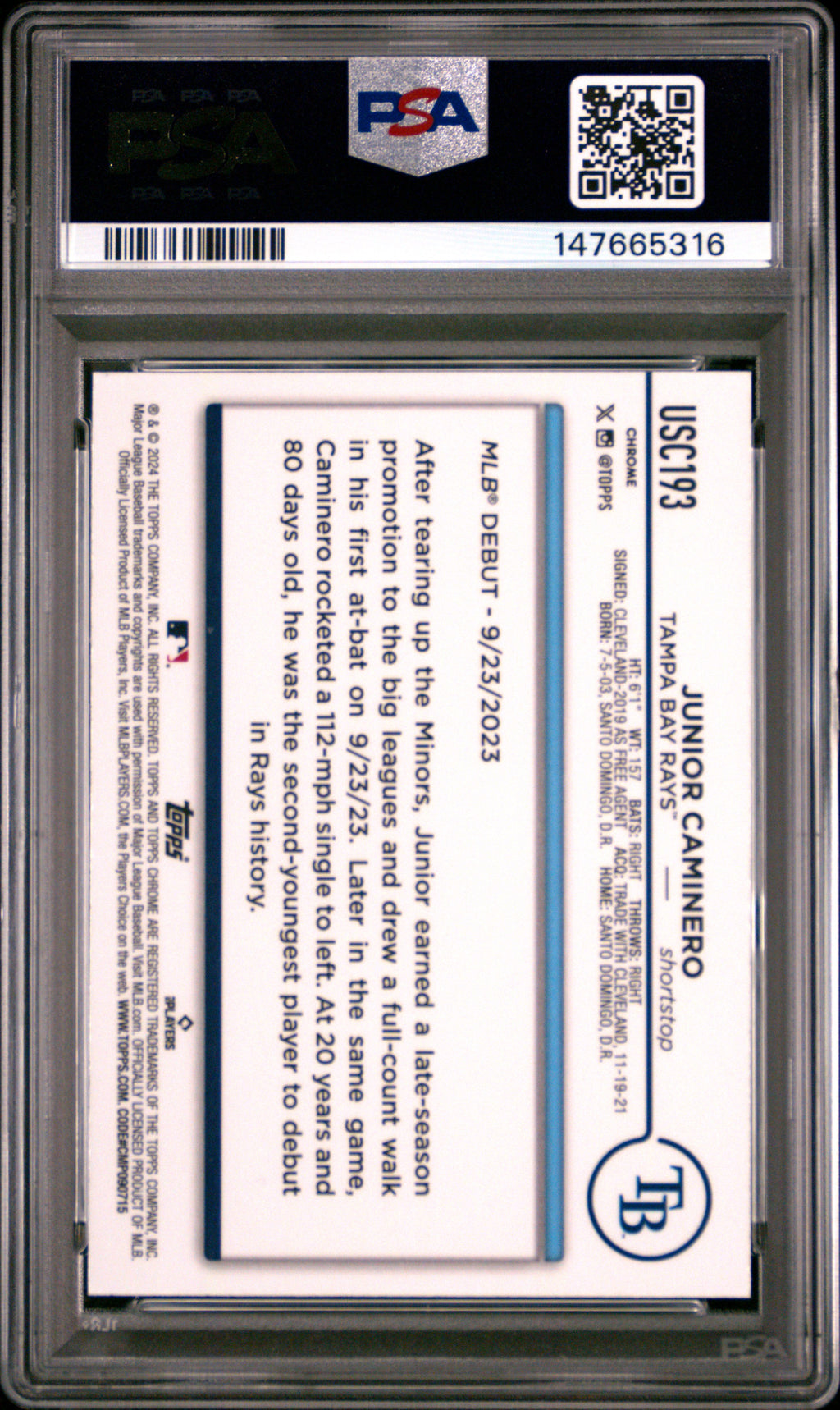 JUNIOR CAMINERO 2024 Topps Chrome Update Rookie X-Fractor #USC193 PSA 10