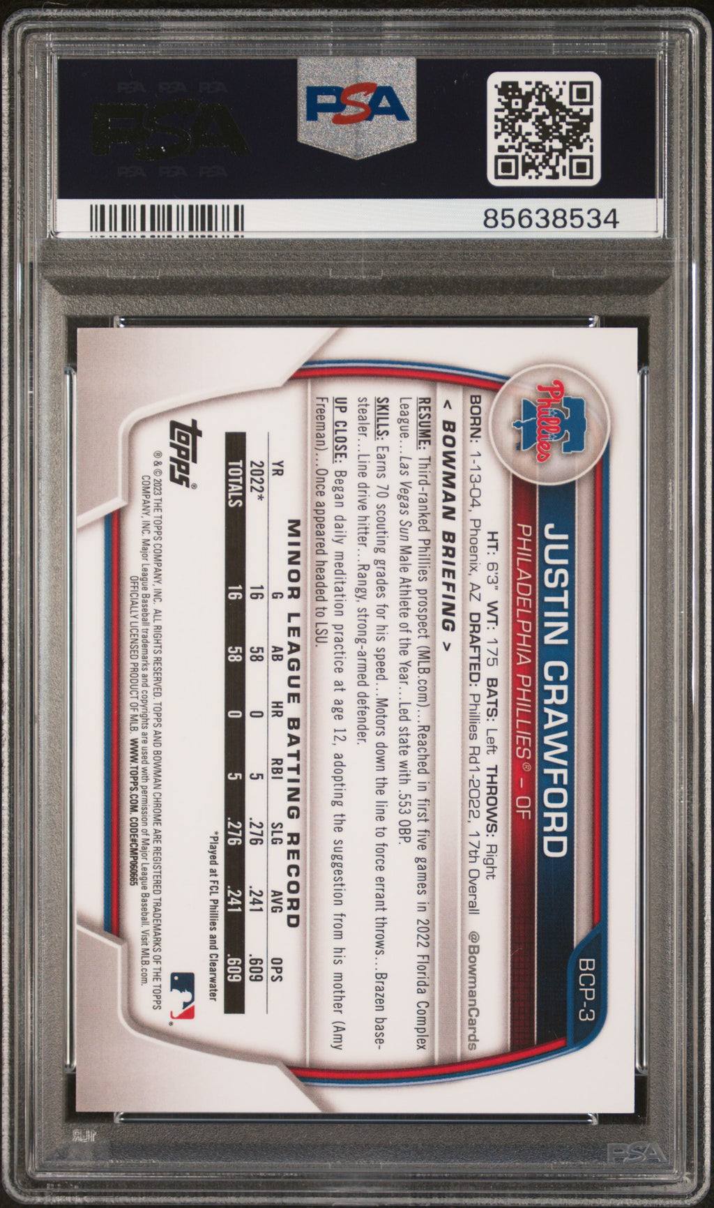 JUSTIN CRAWFORD 2023 Bowman Chrome Prospects Yellow Refractor /75 #BCP3 PSA 9