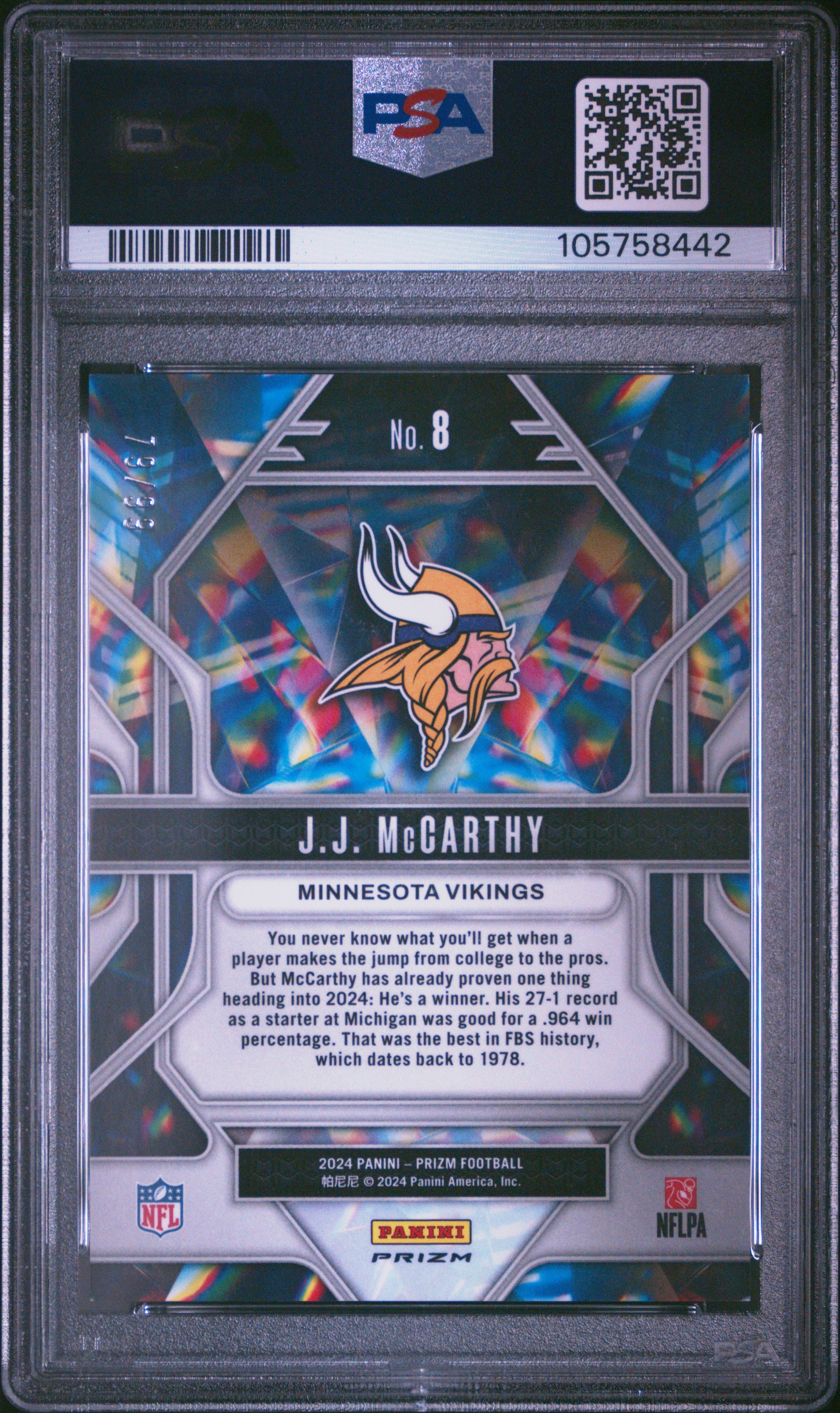 JJ MCCARTHY 2024 Panini Prizm Rookie Prizmatic Blue Ice /99 #8 PSA 8