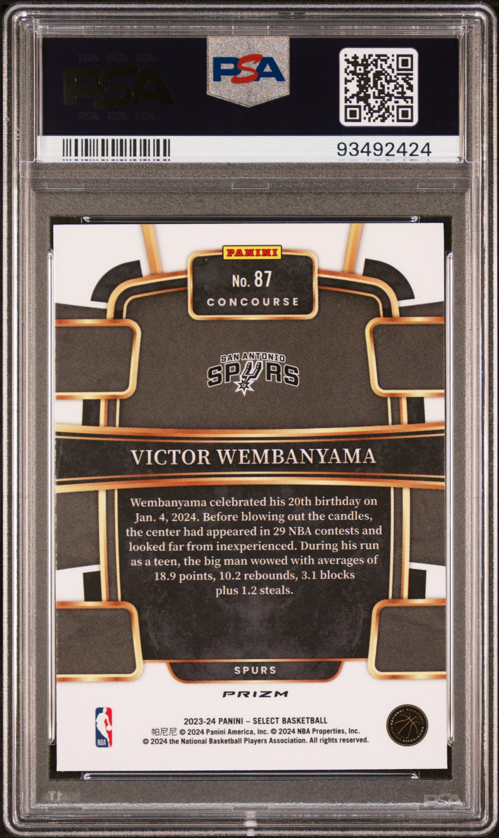 VICTOR WEMBANYAMA 2023-24 Panini Select Concourse Rookie Blue Prizm #87 PSA 10