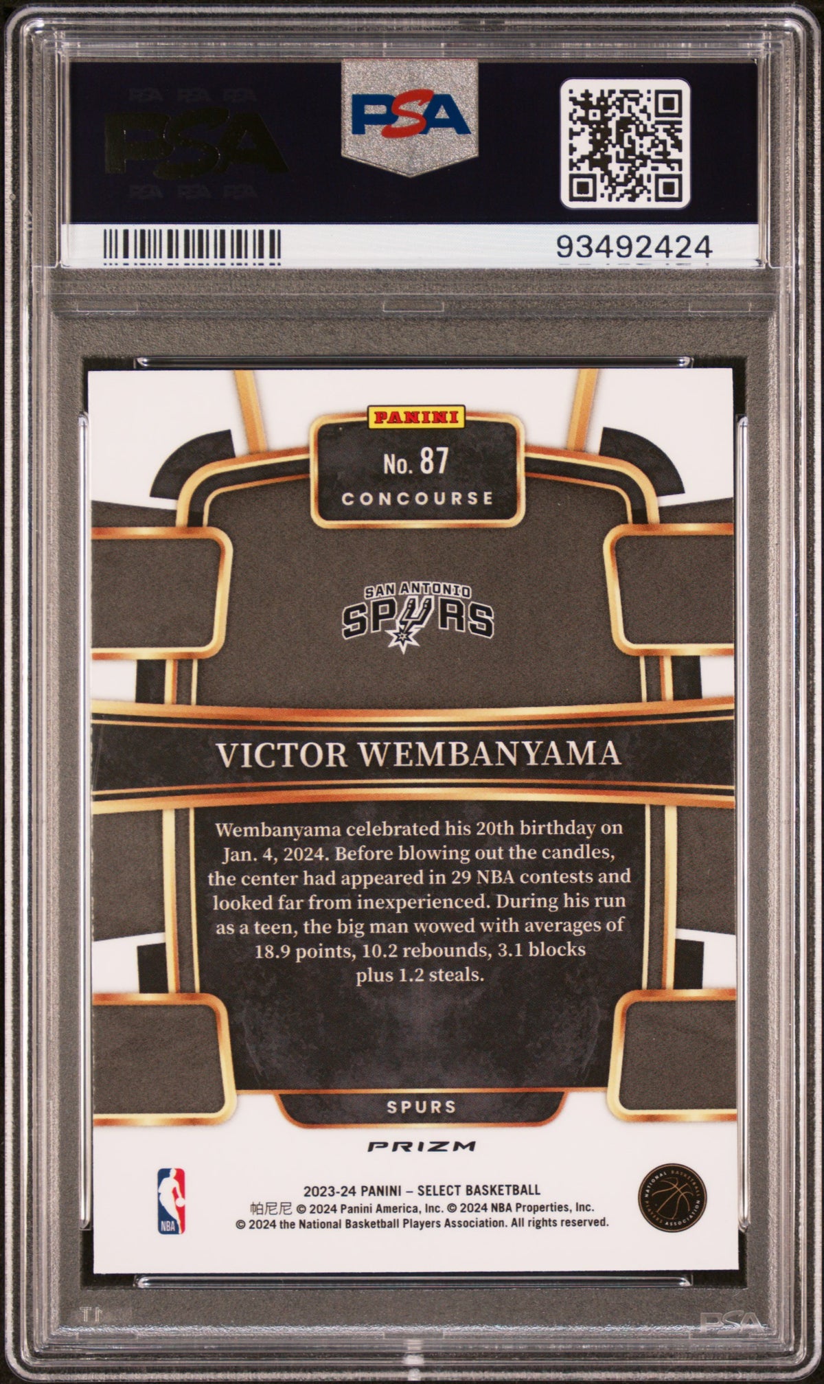 VICTOR WEMBANYAMA 2023-24 Panini Select Concourse Rookie Blue Prizm #87 PSA 10