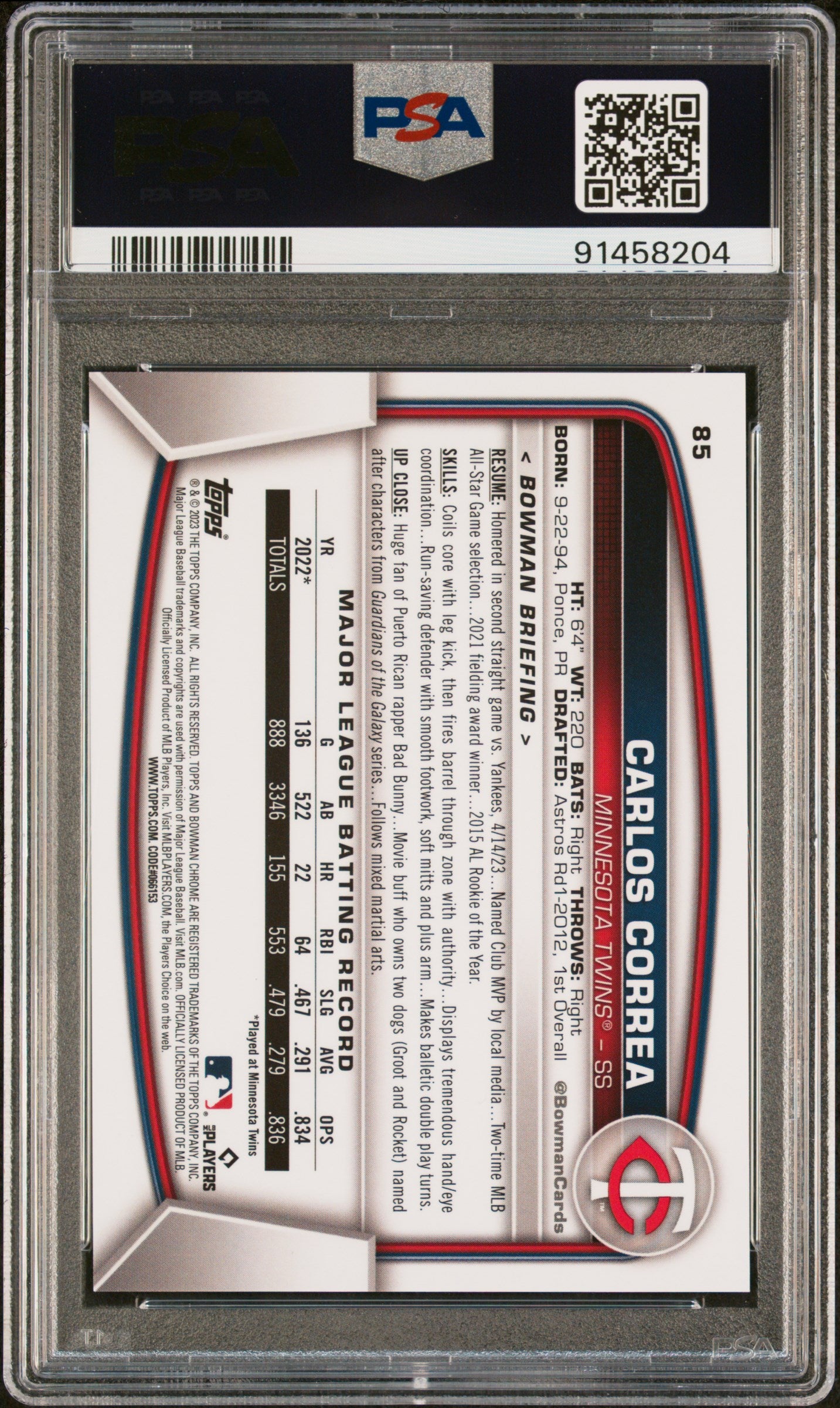 CARLOS CORREA 2023 Bowman Chrome Sapphire #85 Padparadscha Refractor 1/1 PSA 10