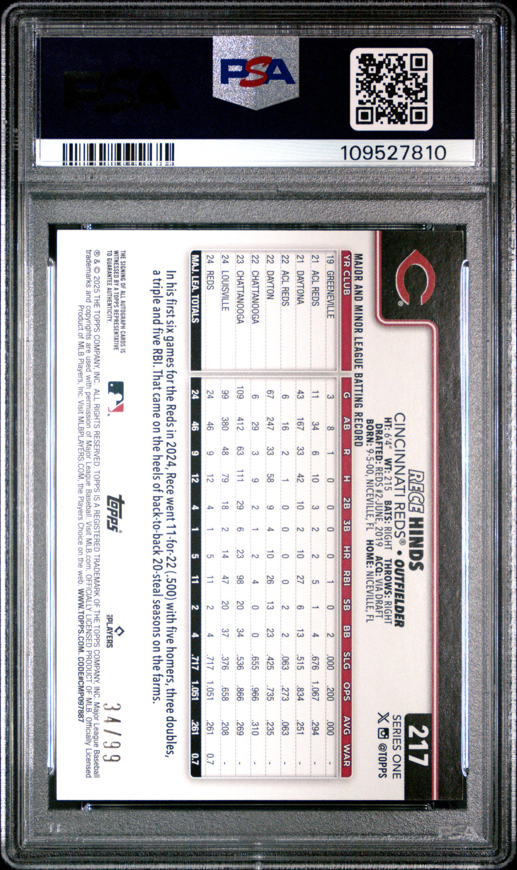 RECE HINDS 2025 Topps Series 1 Rookie Auto Green Foil /99 #217 PSA 9 Reds