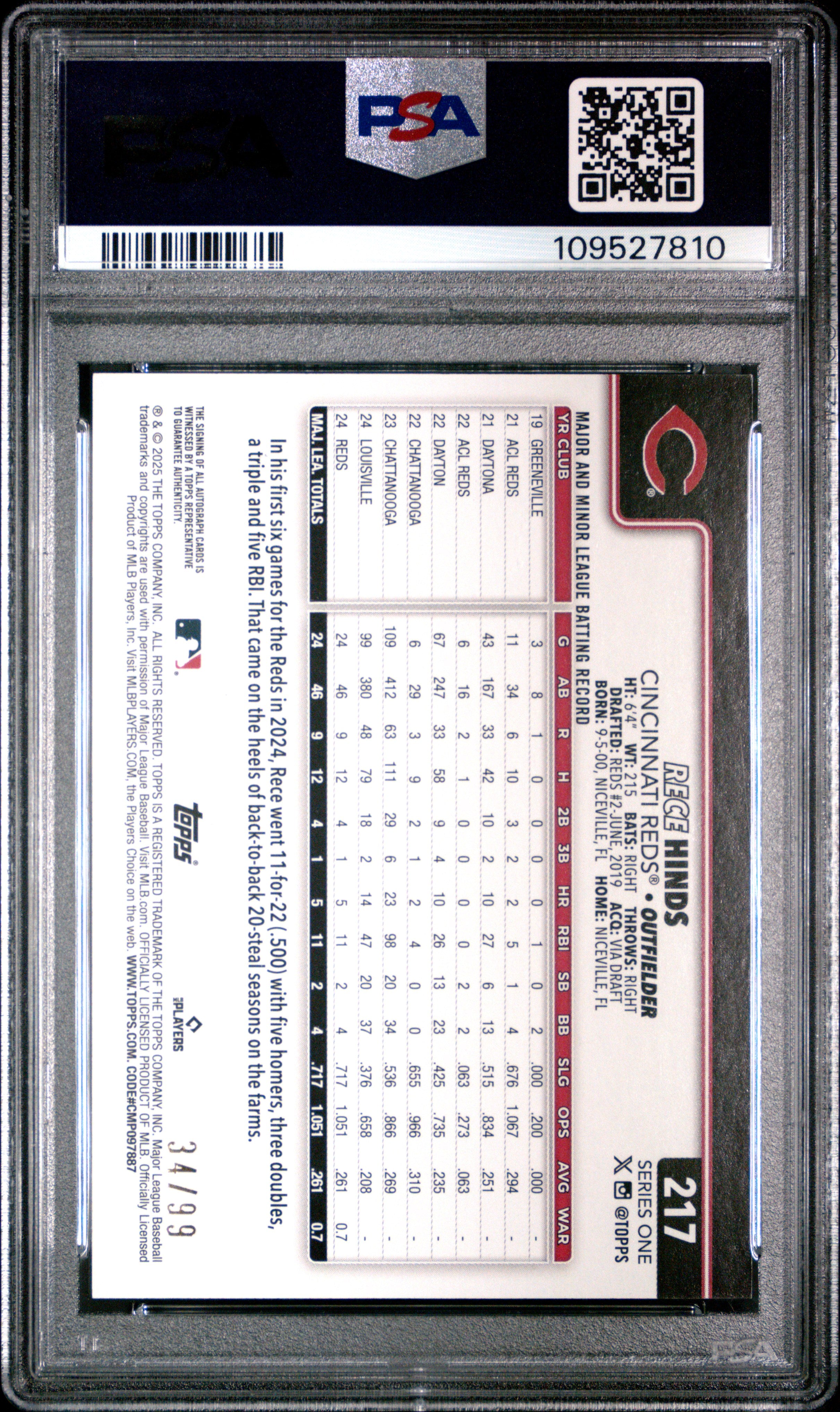 RECE HINDS 2025 Topps Series 1 Rookie Auto Green Foil /99 #217 PSA 9 Reds