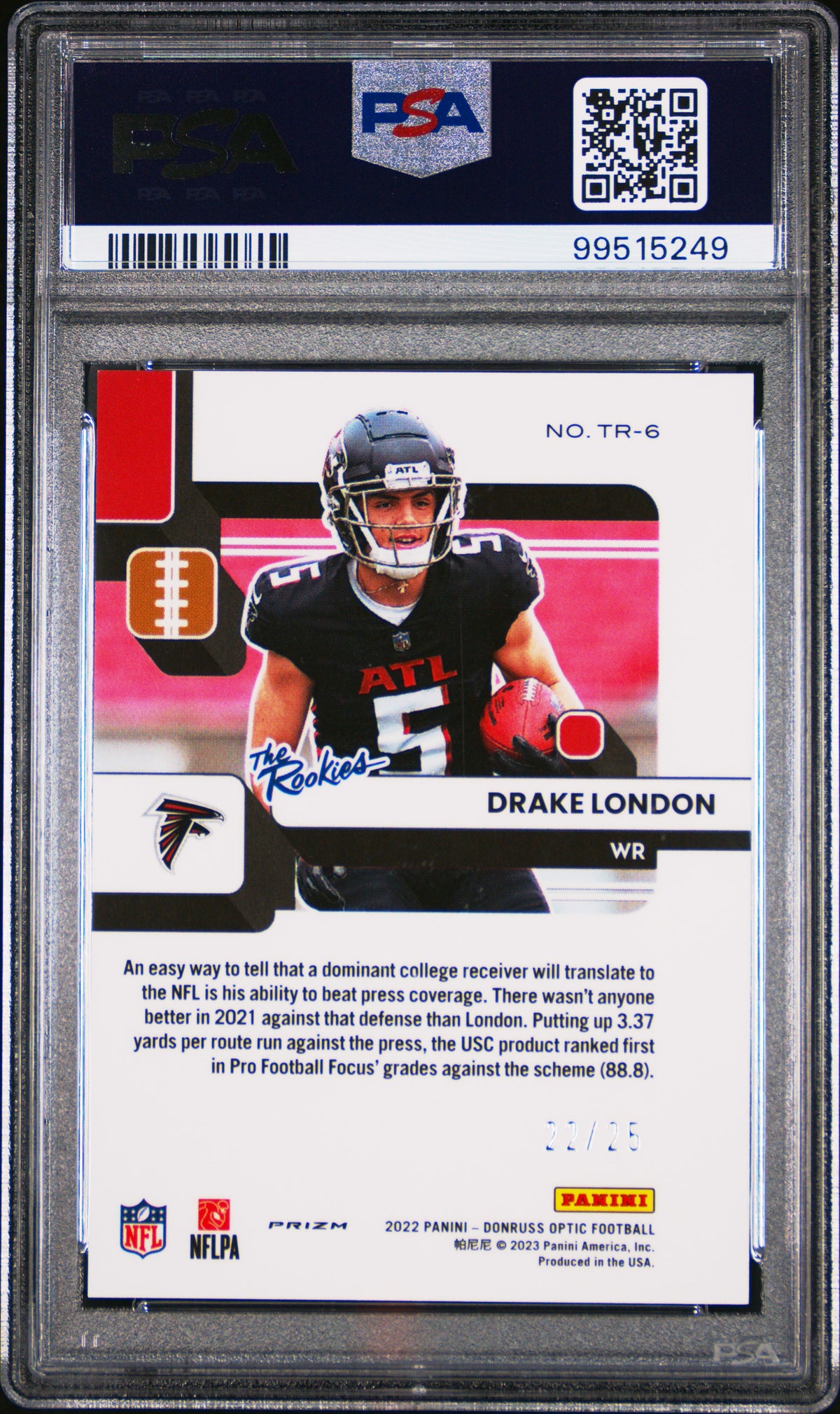 DRAKE LONDON 2022 Donruss Optic The Rookies Black Pandora Prizm /25 #TR6 PSA 9
