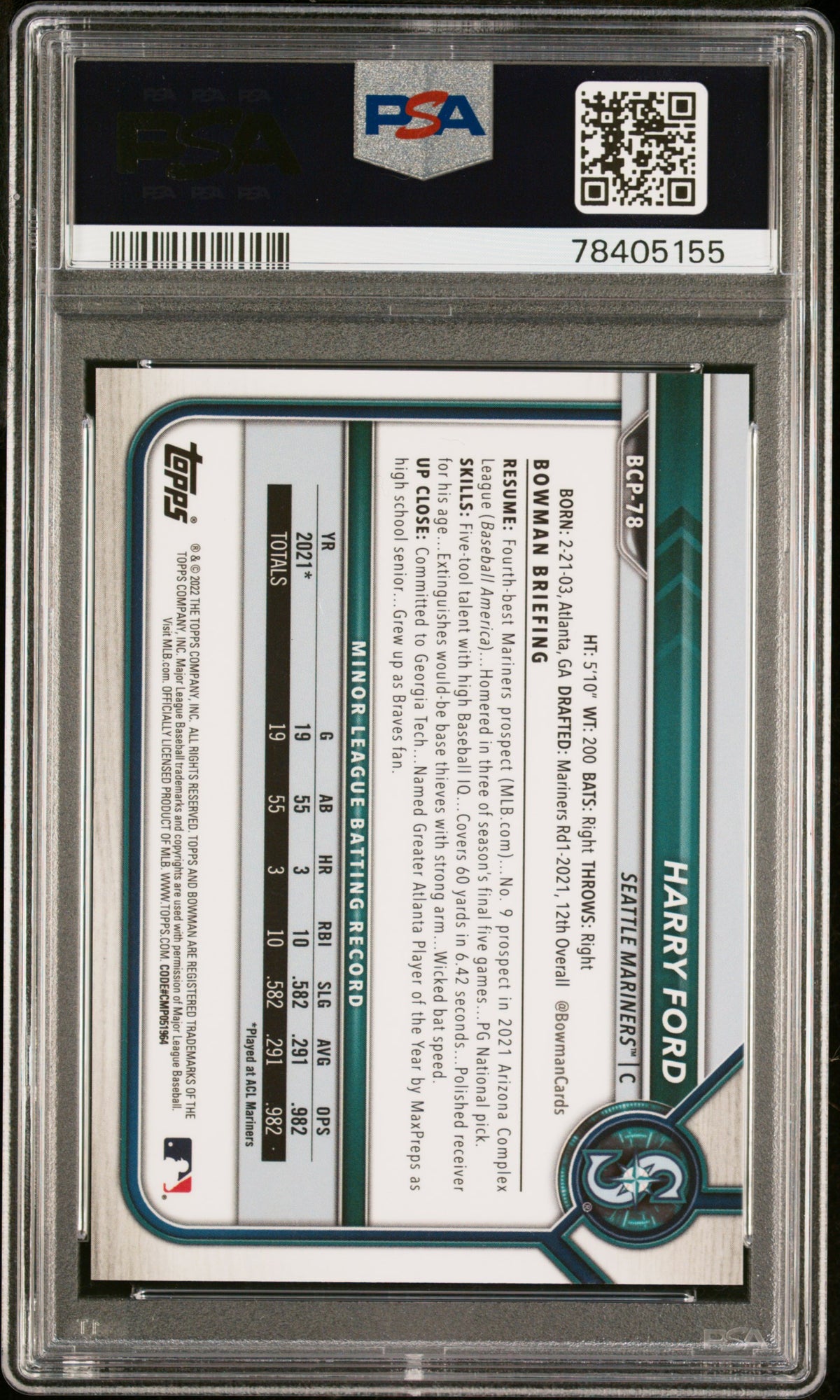 HARRY FORD 2022 Bowman Sapphire Edition Prospects Aqua /55 PSA 10 #BCP78