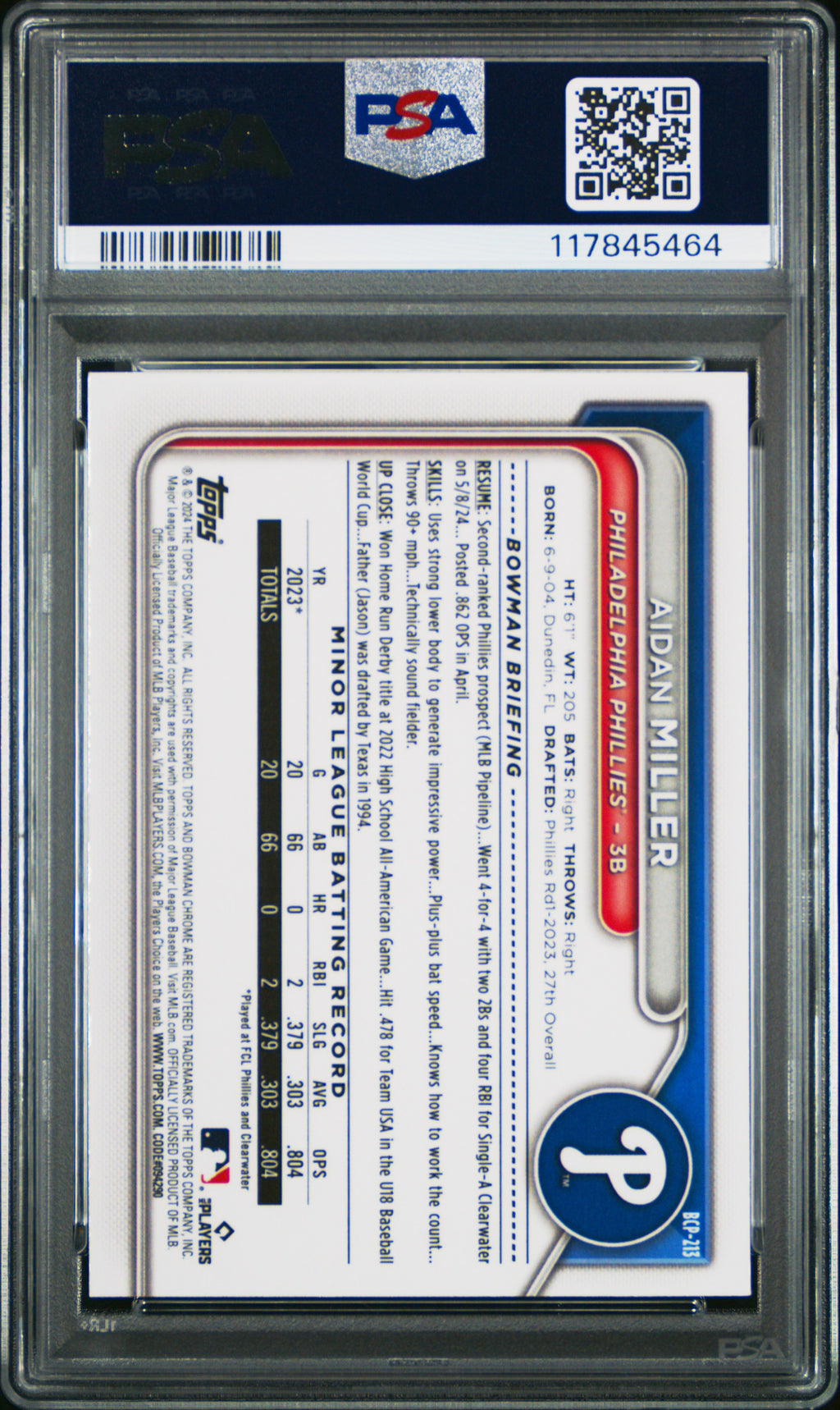 AIDAN MILLER 2024 Bowman Mega Box Chrome #213 Yellow Refractor /75 PSA 10