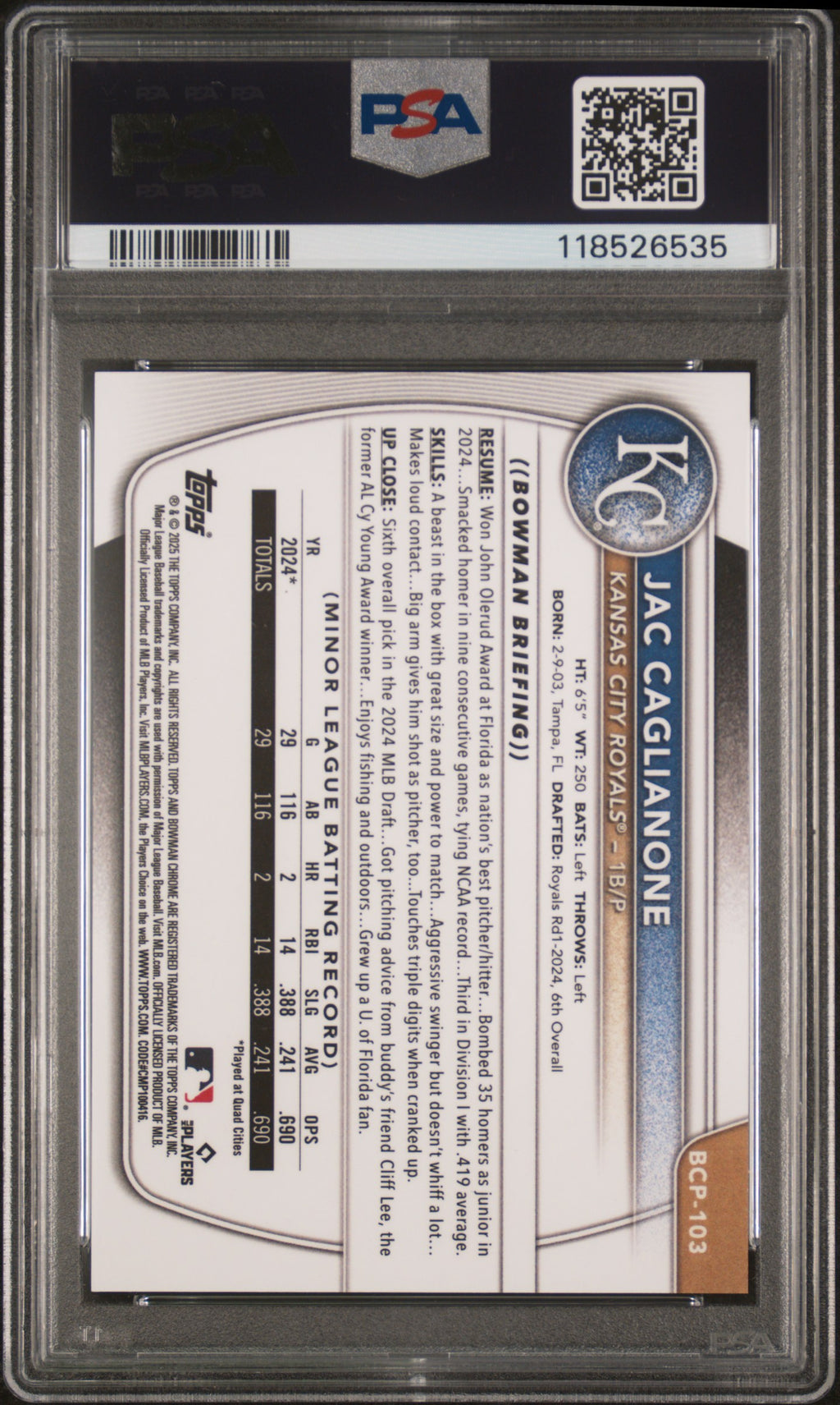 JAC CAGLIANONE 2025 Bowman Chrome Prospect Orange Geometric /25 #BCP103 PSA 10