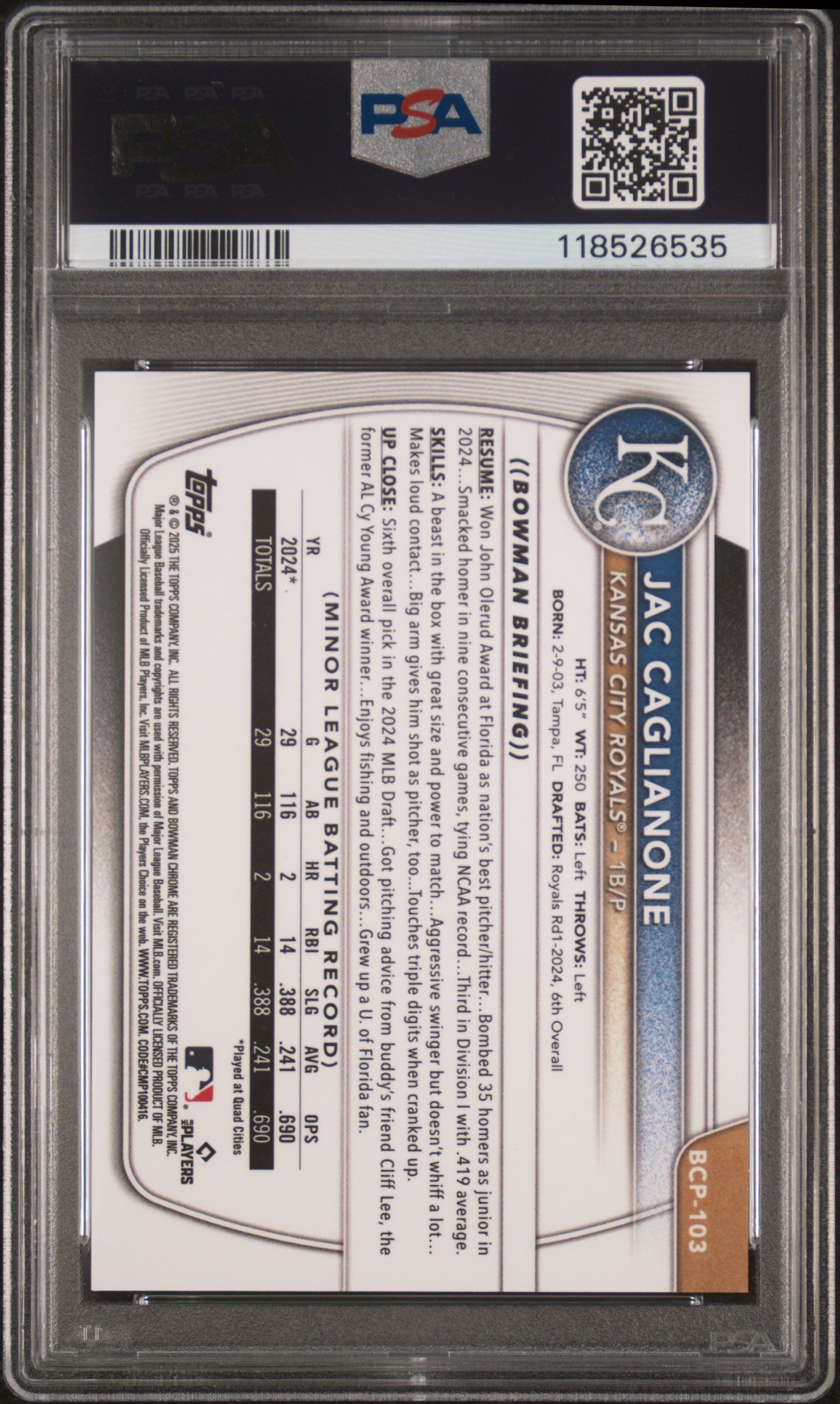 JAC CAGLIANONE 2025 Bowman Chrome Prospect Orange Geometric /25 #BCP103 PSA 10