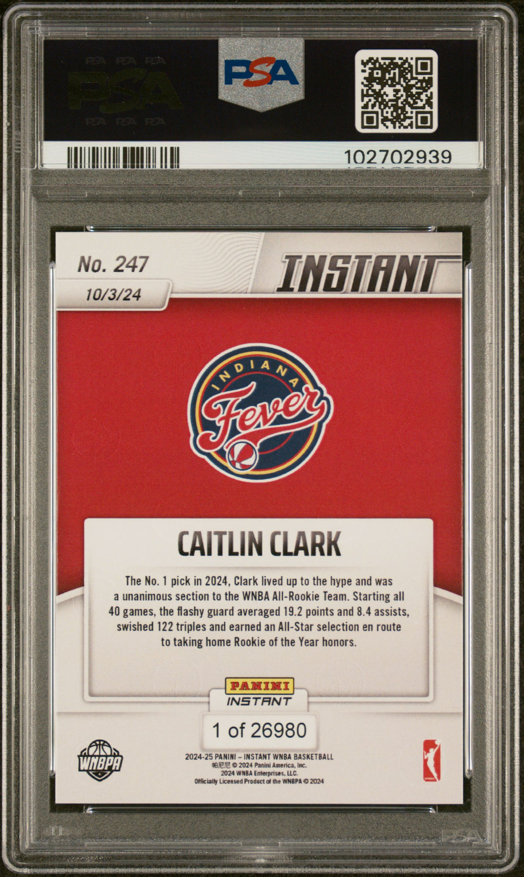 CAITLIN CLARK 2024 Panini Instant WNBA Rookie #247 PSA 10 Fever