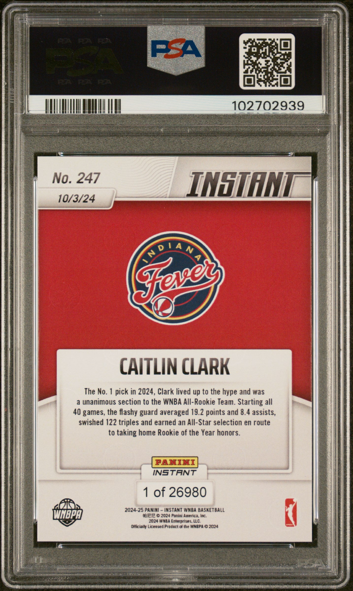 CAITLIN CLARK 2024 Panini Instant WNBA Rookie #247 PSA 10 Fever