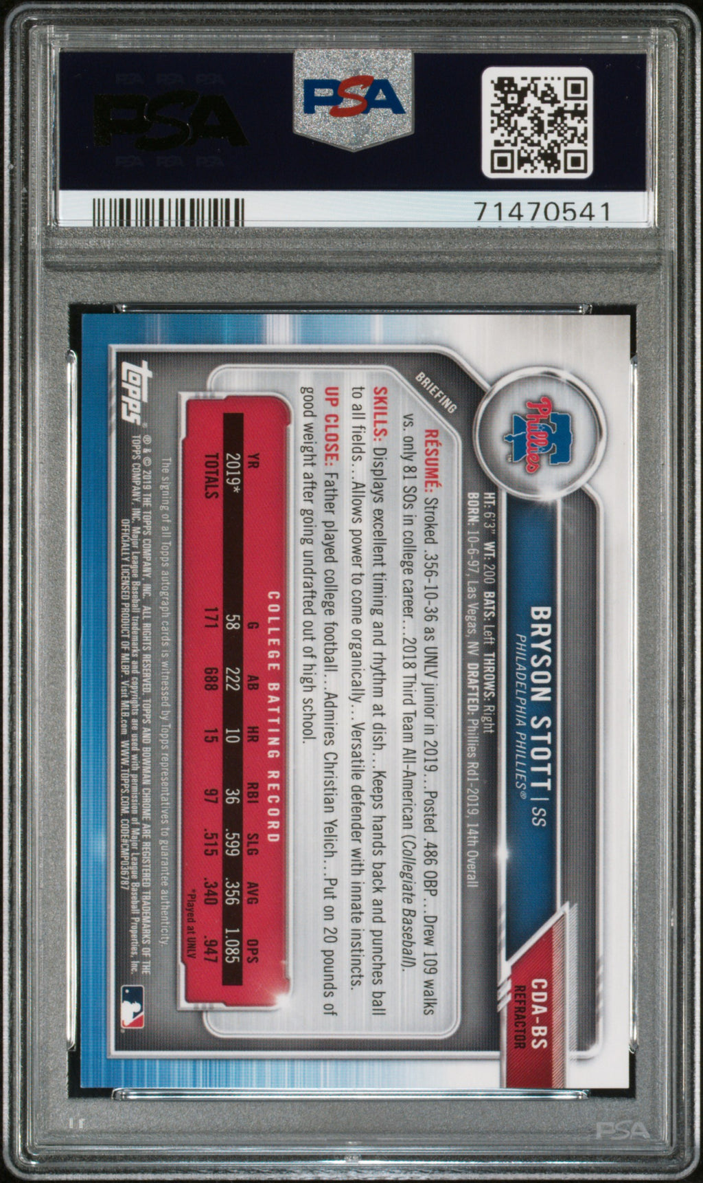 BRYSON STOTT 2019 Bowman Draft Chrome 1st Refractor Auto /499 #CDABS PSA 9