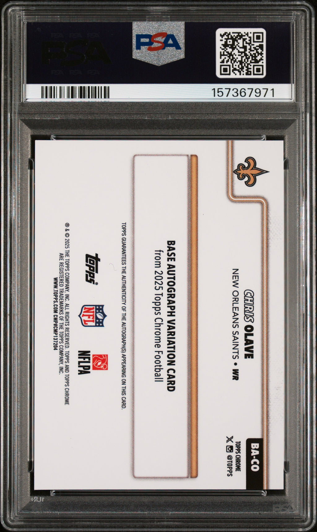 CHRIS OLAVE 2025 Topps Chrome Auto Gold Lava Refractor /50 #CO PSA 10 Saints
