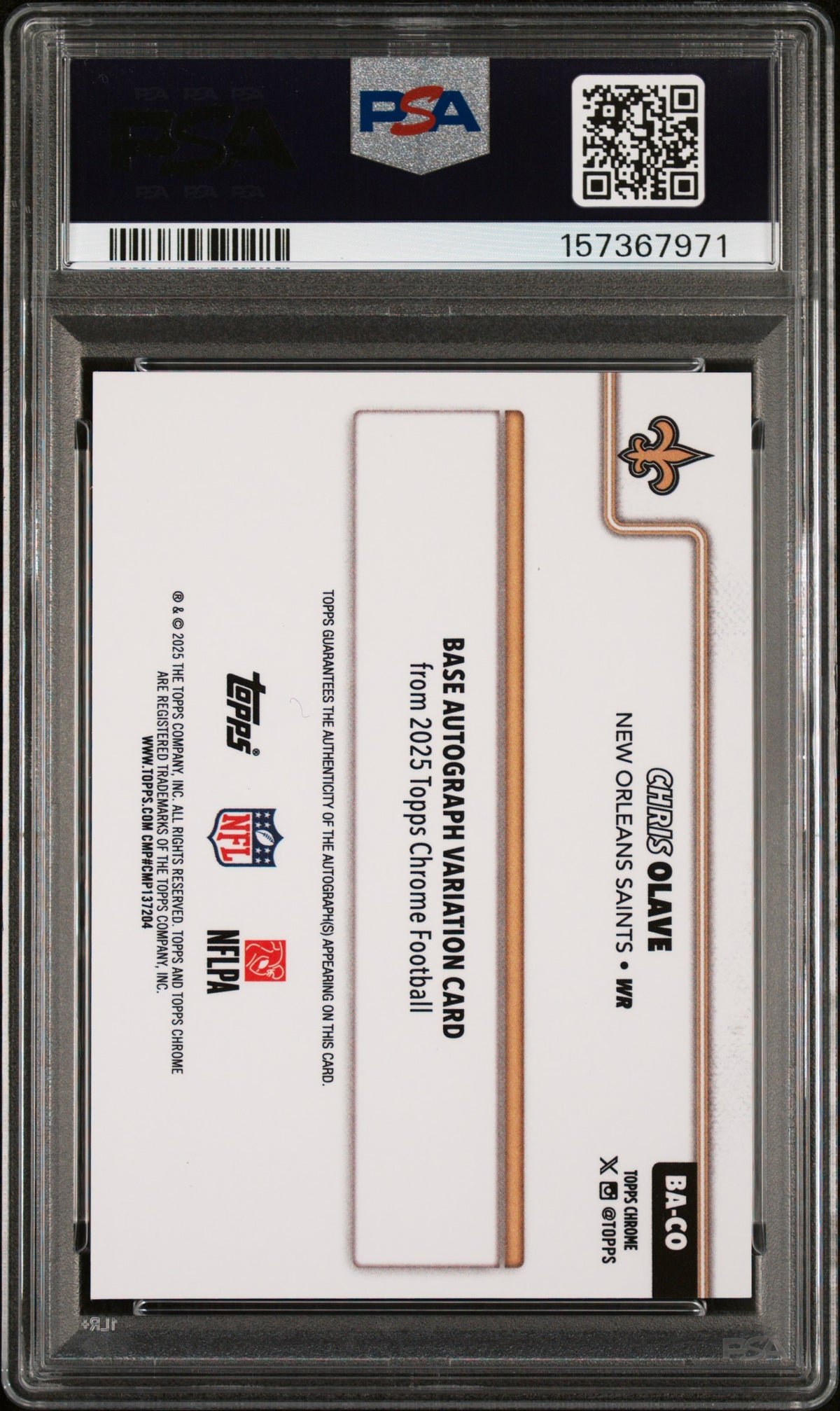 CHRIS OLAVE 2025 Topps Chrome Auto Gold Lava Refractor /50 #CO PSA 10 Saints