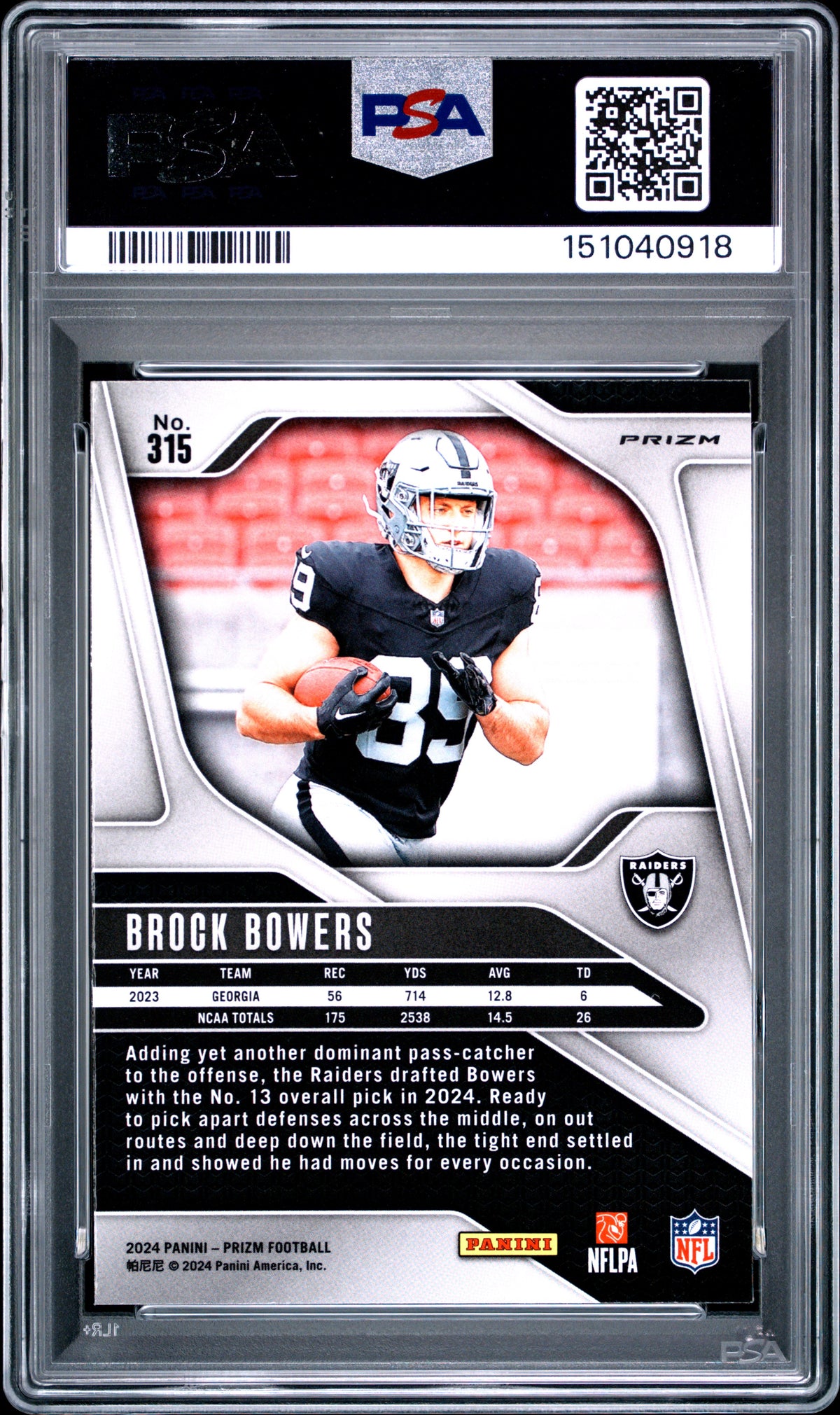 BROCK BOWERS 2024 Panini Prizm Rookie Silver Prizm #315 PSA 9 Raiders