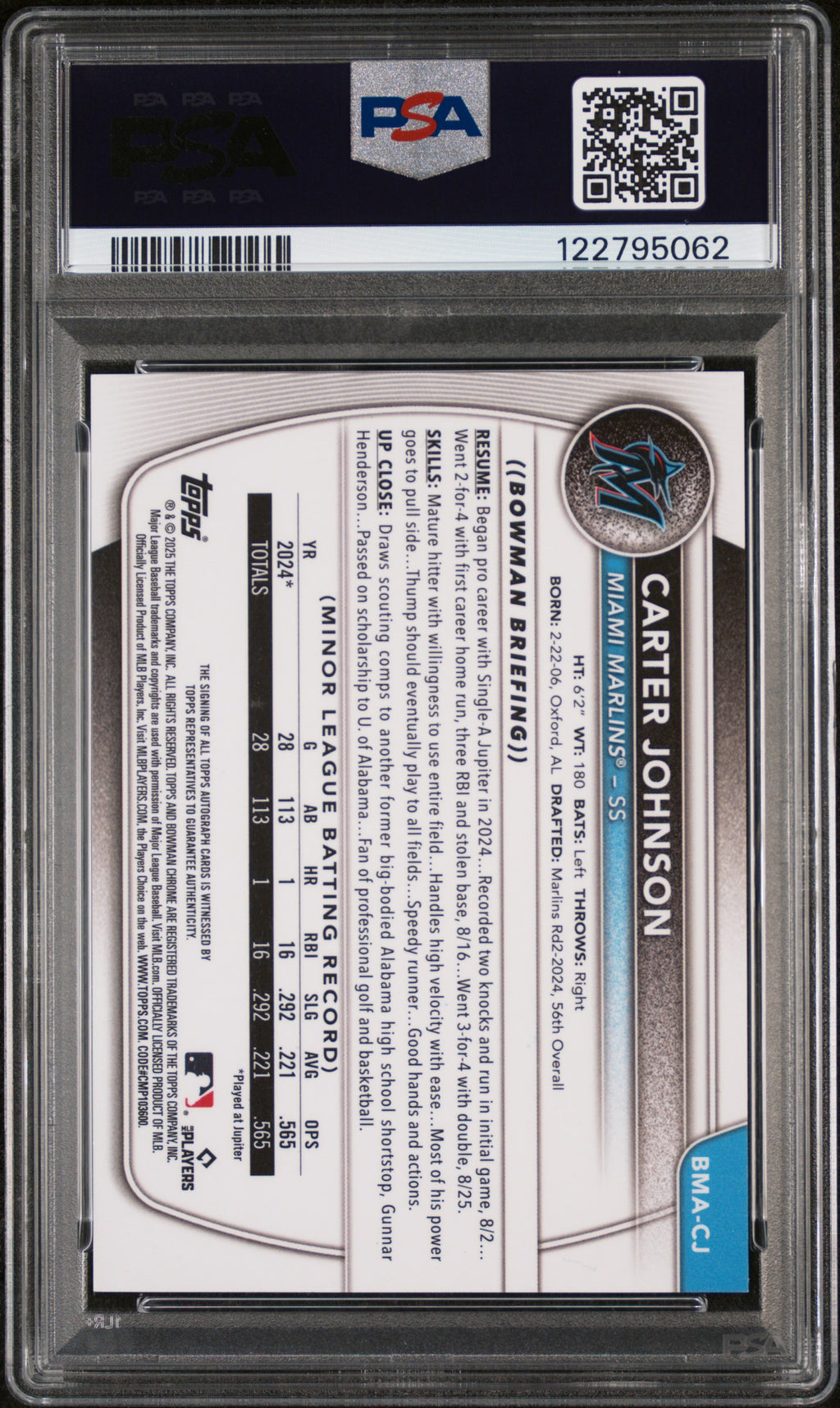 CARTER JOHNSON 2025 Bowman Mega Box Prospect Auto Green Mojo /99 #CJ PSA 10