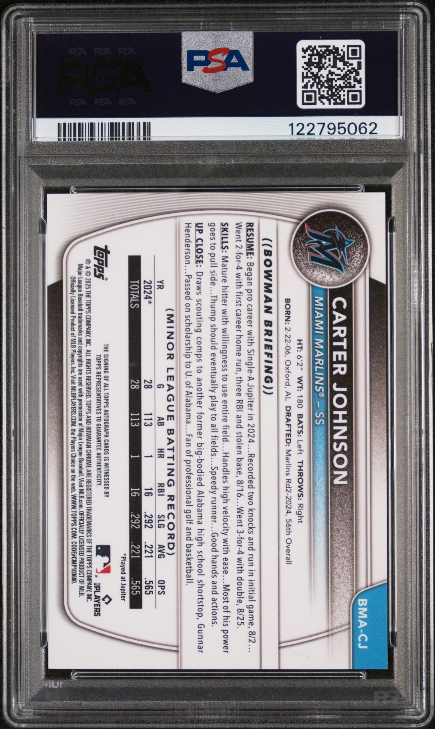 CARTER JOHNSON 2025 Bowman Mega Box Prospect Auto Green Mojo /99 #CJ PSA 10