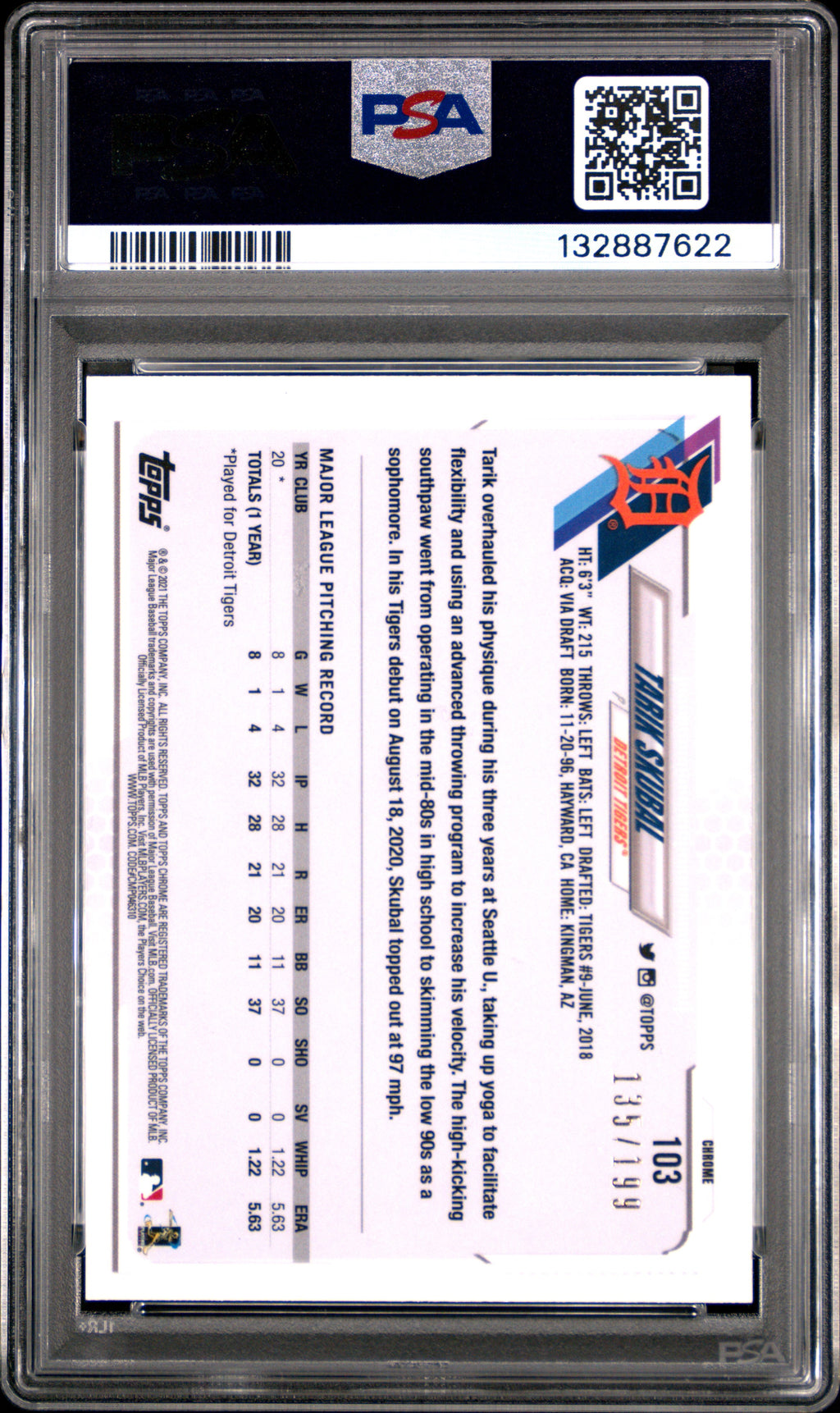 TARIK SKUBAL 2021 Topps Chrome Aqua Refractor /199 #103 PSA 9 Tigers