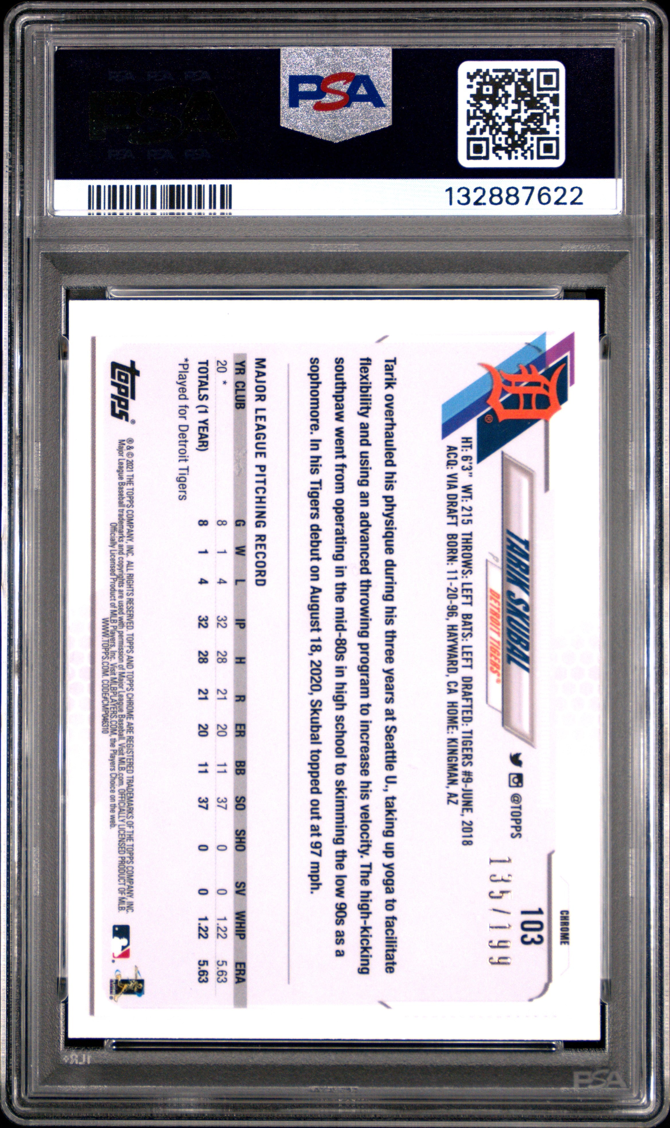 TARIK SKUBAL 2021 Topps Chrome Aqua Refractor /199 #103 PSA 9 Tigers