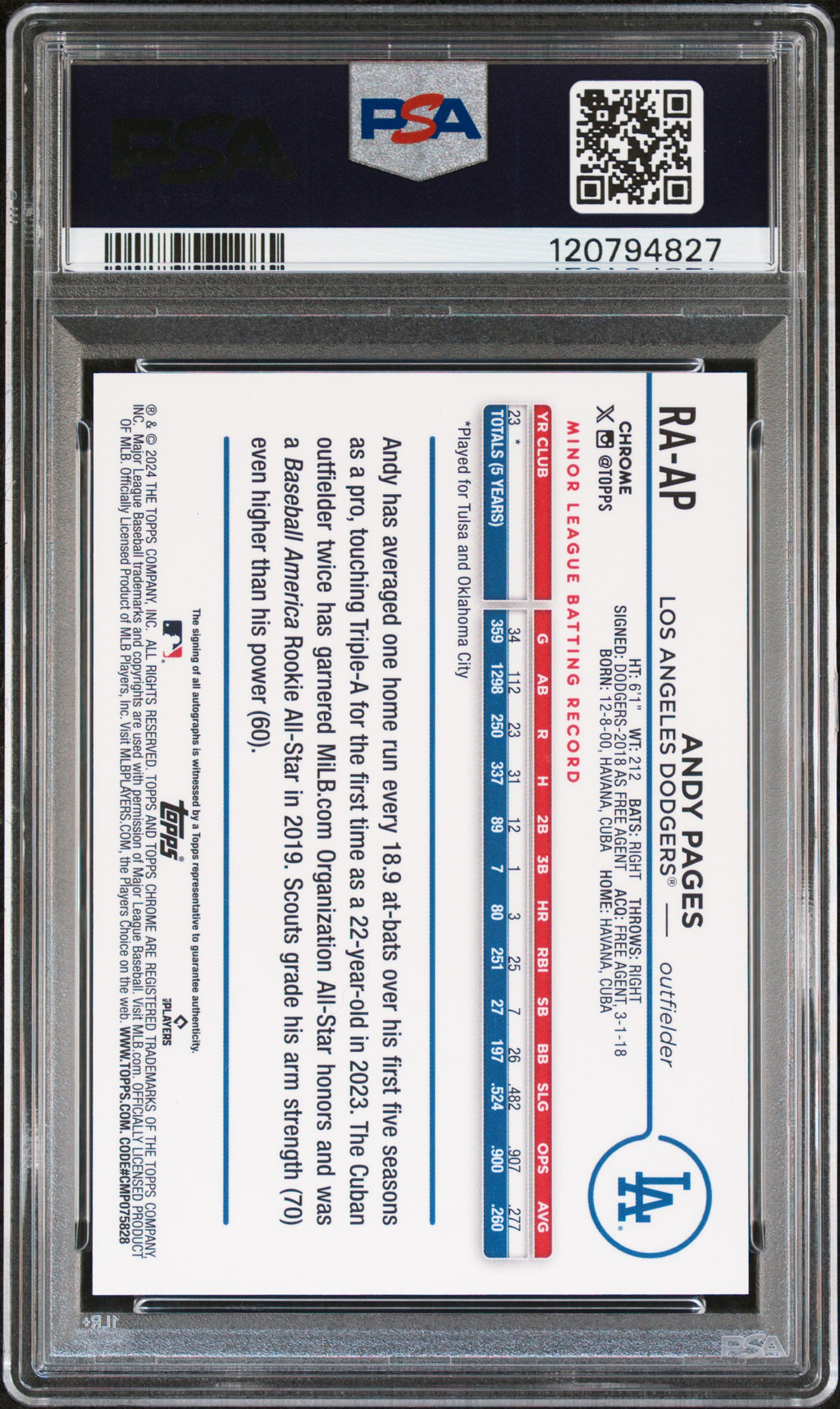 ANDY PAGES 2024 Topps Chrome Update Rookie Auto Aqua Wave Refractor /199 PSA 9