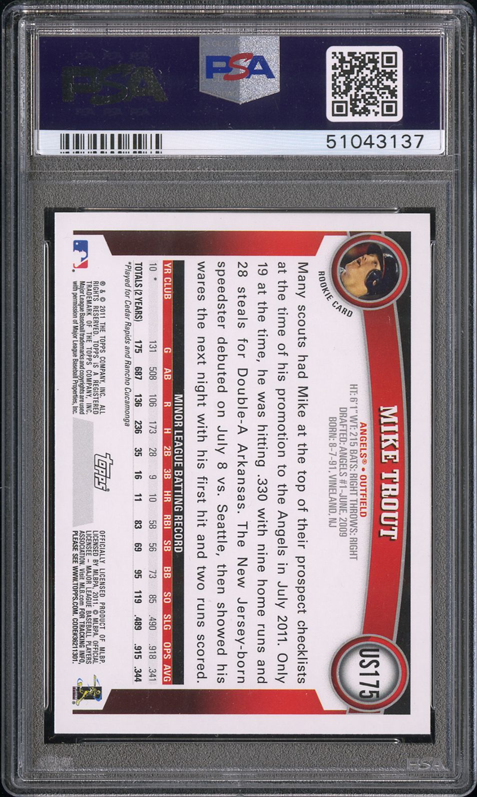 MIKE TROUT 2011 Topps Update Series Rookie Card #US175 PSA 10 Angels