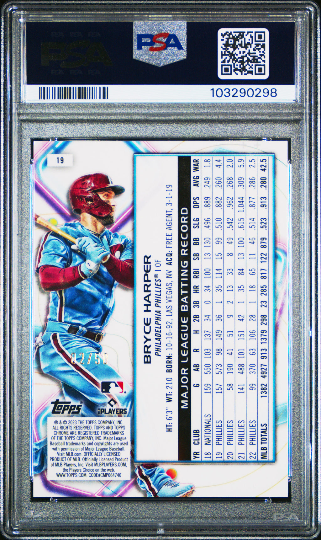 BRYCE HARPER 2023 Topps Cosmic Chrome Gold Interstellar Refractor /50 #19 PSA 9