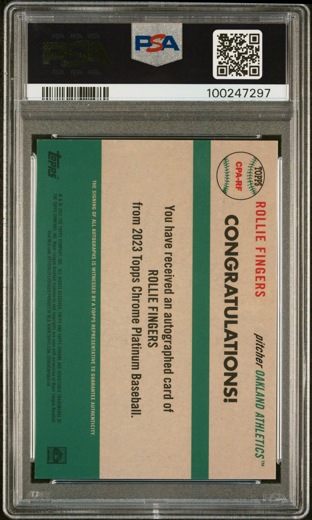 ROLLIE FINGERS 2023 Topps Chrome Platinum Anniversary Auto Blue Prism /99 PSA 9