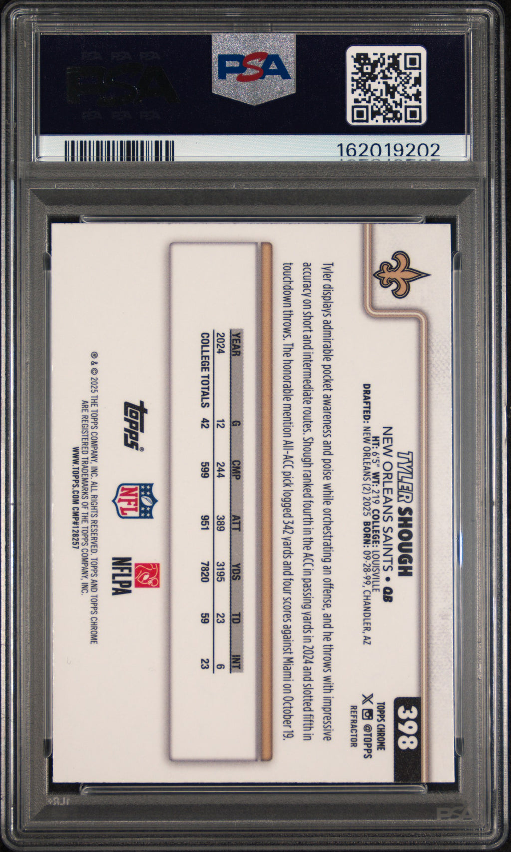 TYLER SHOUGH 2025 Topps Chrome Rookie Refractor #398 PSA 10 Saints