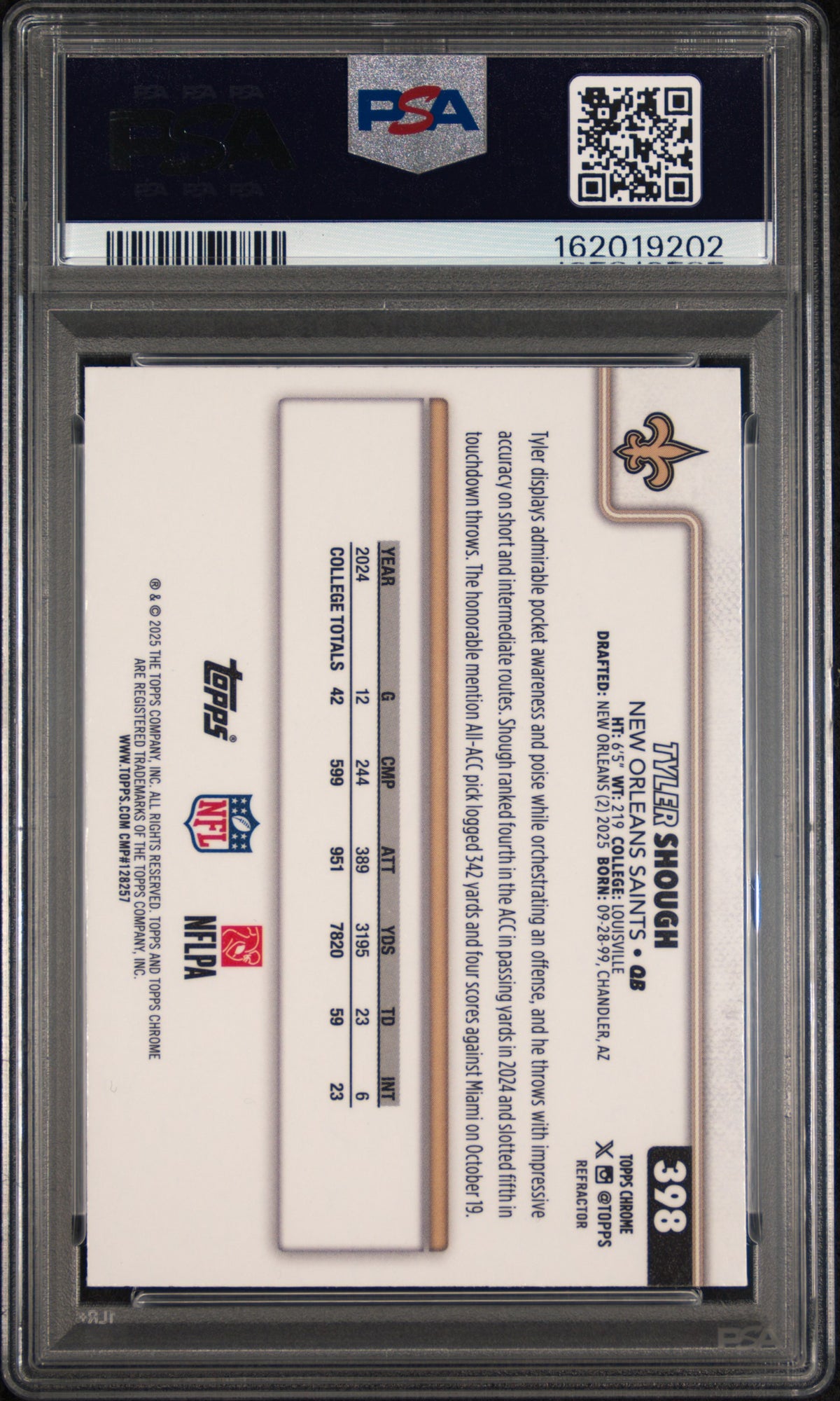 TYLER SHOUGH 2025 Topps Chrome Rookie Refractor #398 PSA 10 Saints
