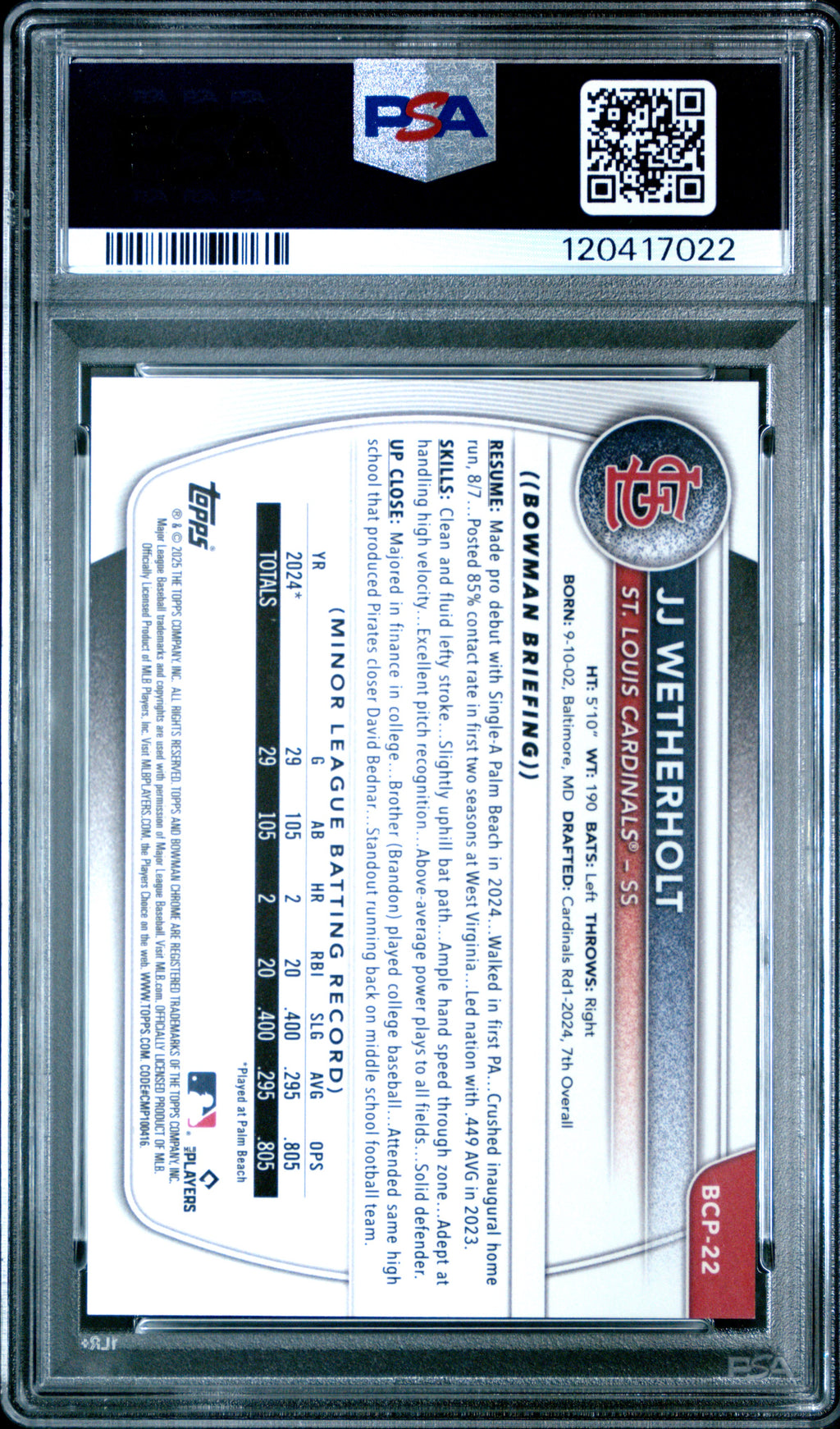 JJ WETHERHOLT 2025 Bowman Chrome 1st Prospect Blue Reptilian /150 #BCP22 PSA 10