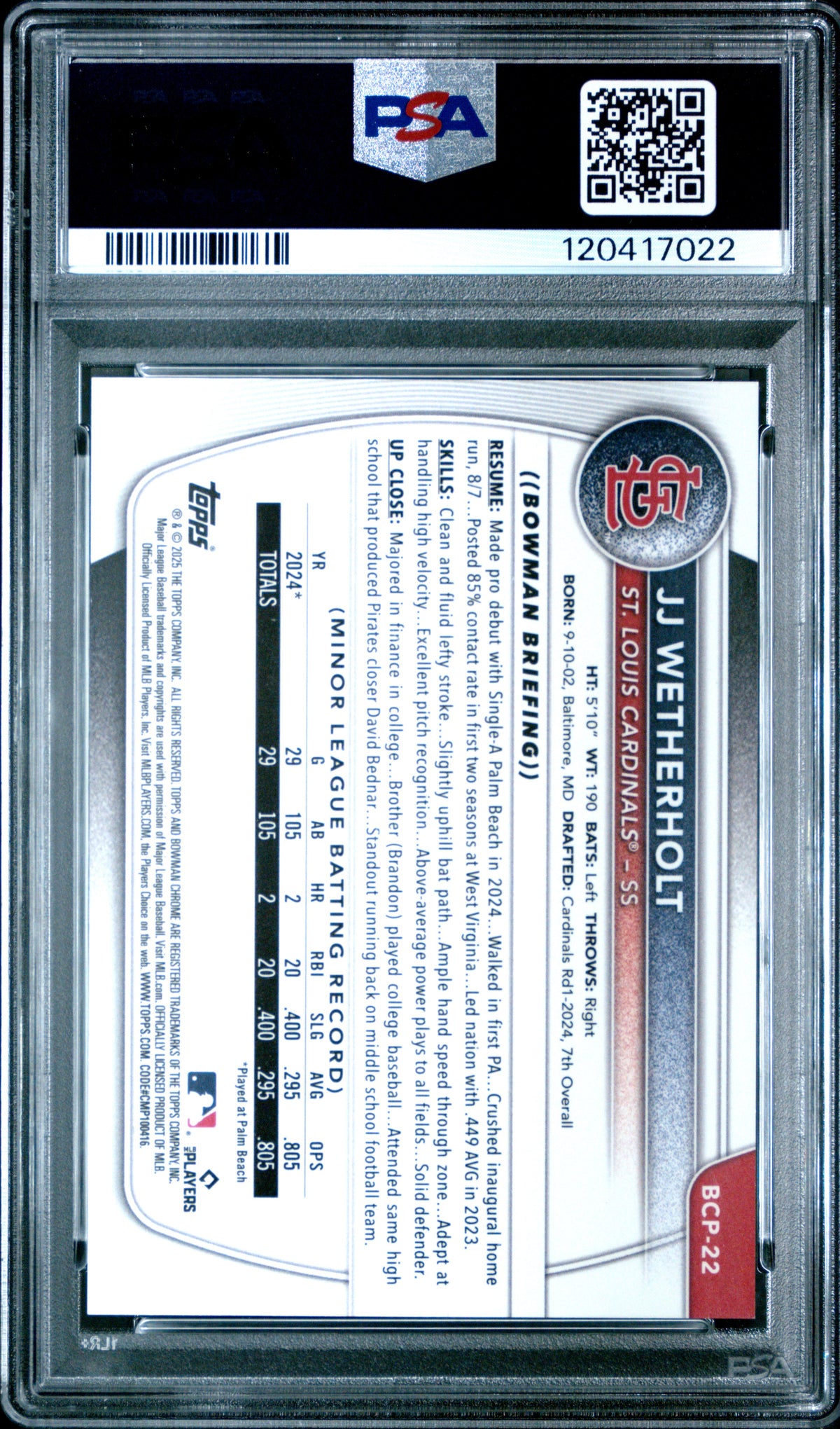 JJ WETHERHOLT 2025 Bowman Chrome 1st Prospect Blue Reptilian /150 #BCP22 PSA 10