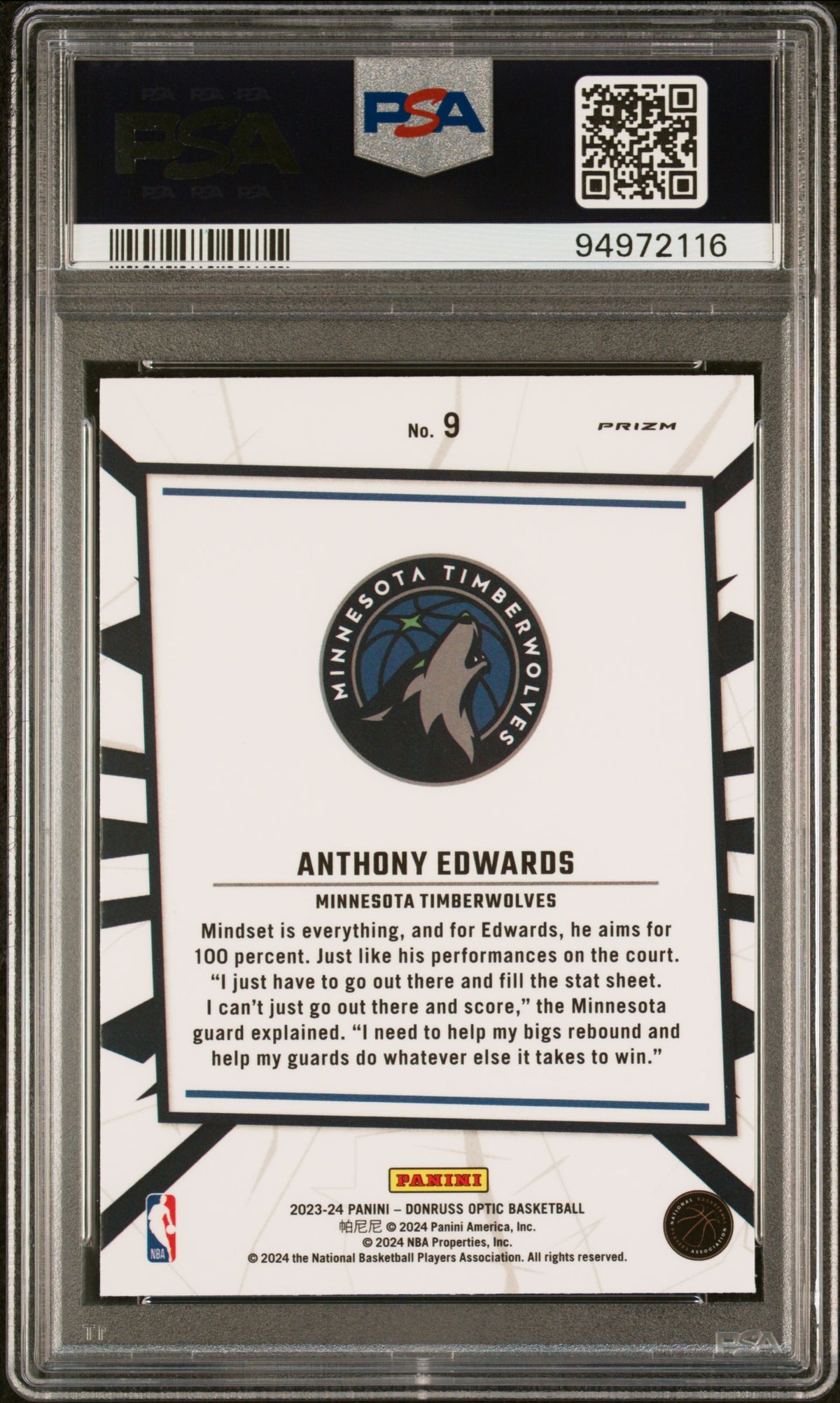 ANTHONY EDWARDS 2023-24 Panini Donruss Optic My House Purple Prizm #9 PSA 10
