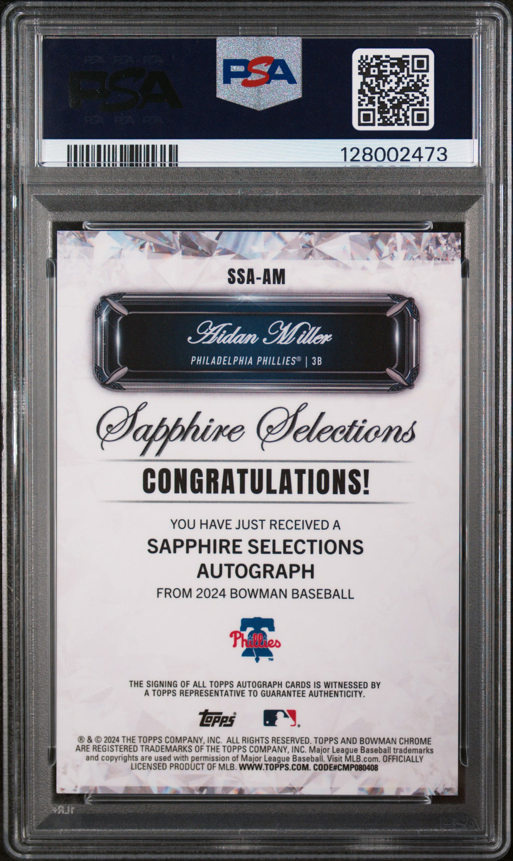AIDAN MILLER 2024 Bowman Sapphire Edition Selections Auto /50 PSA 10 Phillies