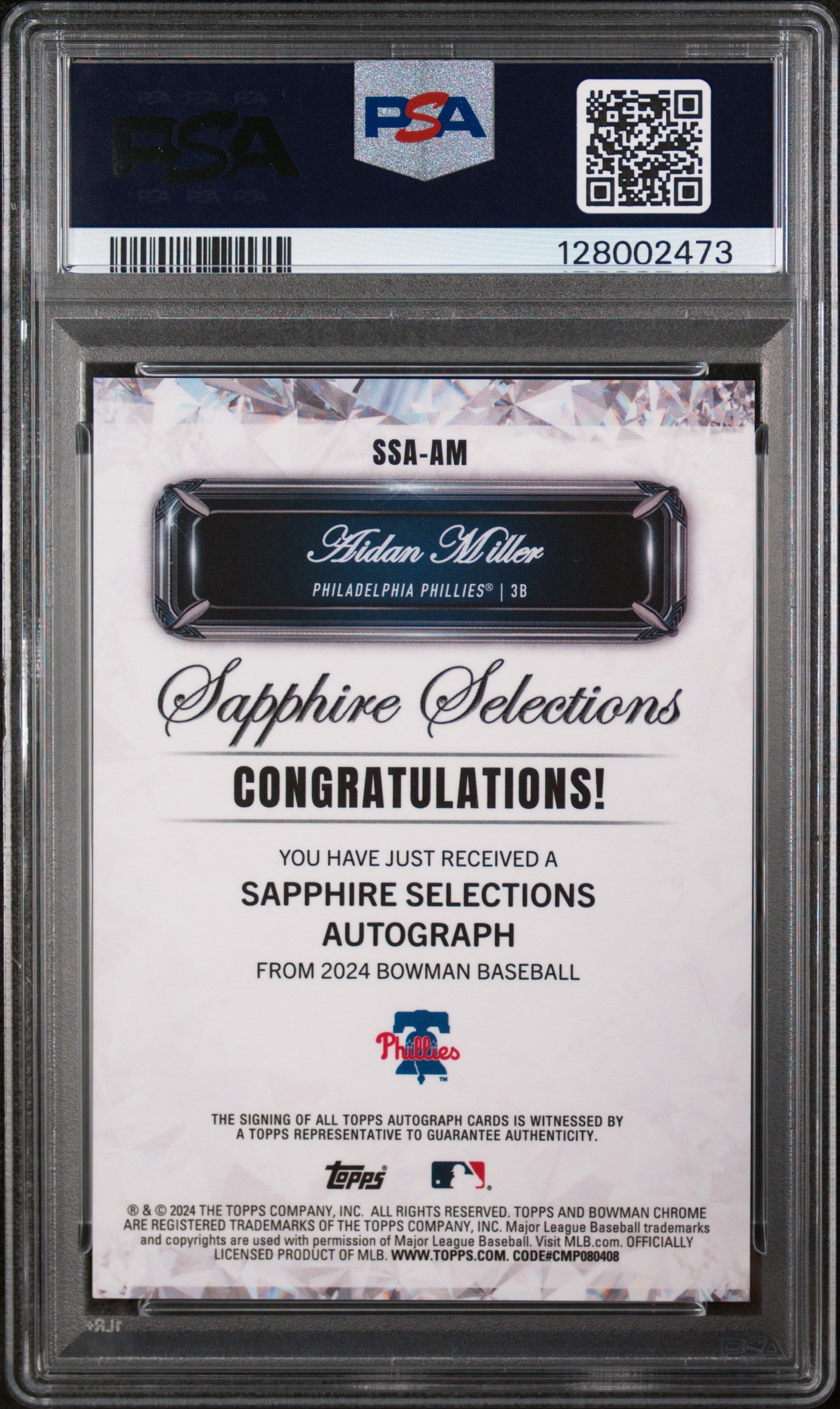 AIDAN MILLER 2024 Bowman Sapphire Edition Selections Auto /50 PSA 10 Phillies