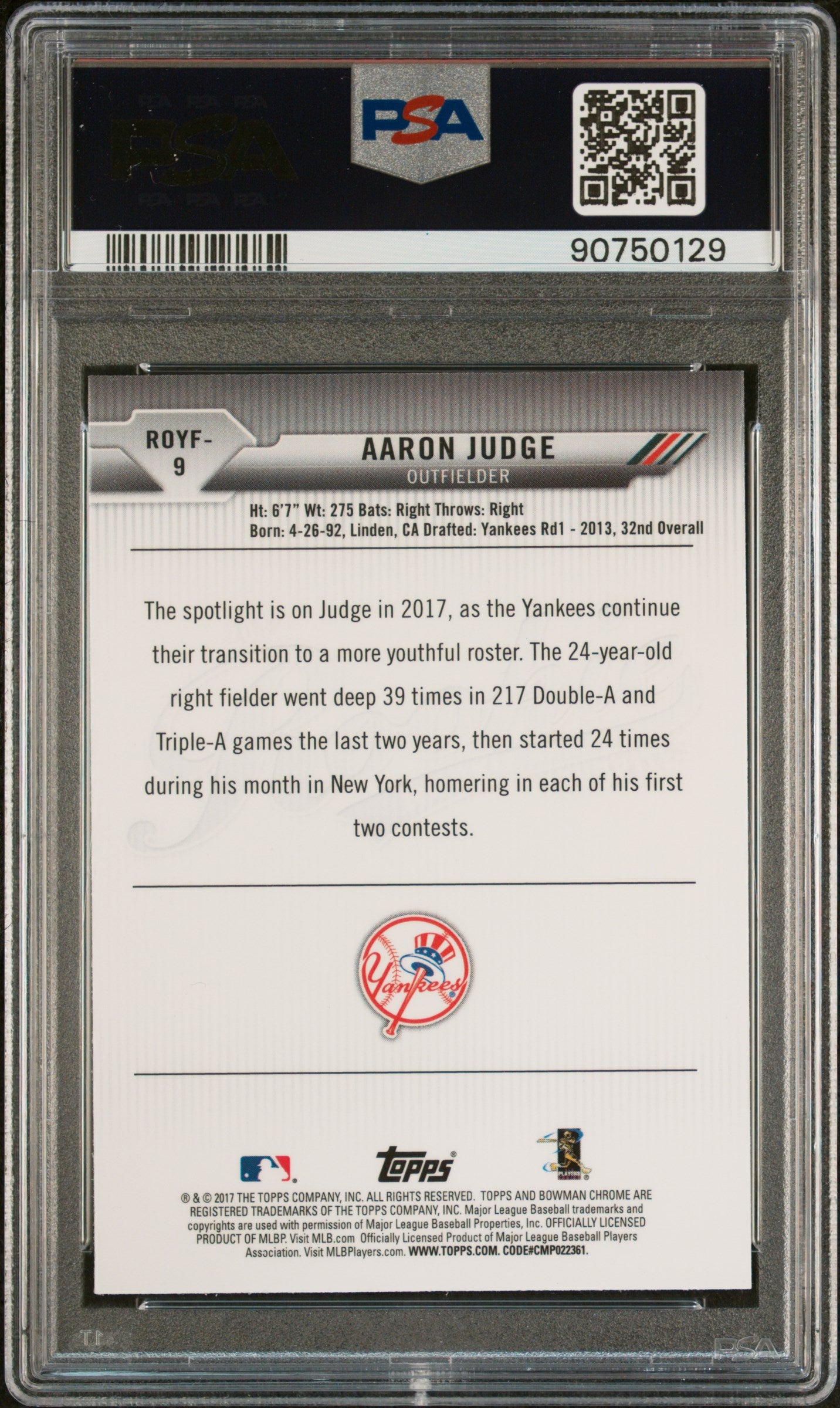 AARON JUDGE 2017 Bowman Rookie Of The Year R.O.Y. Favorites #ROYF-9 PSA 10