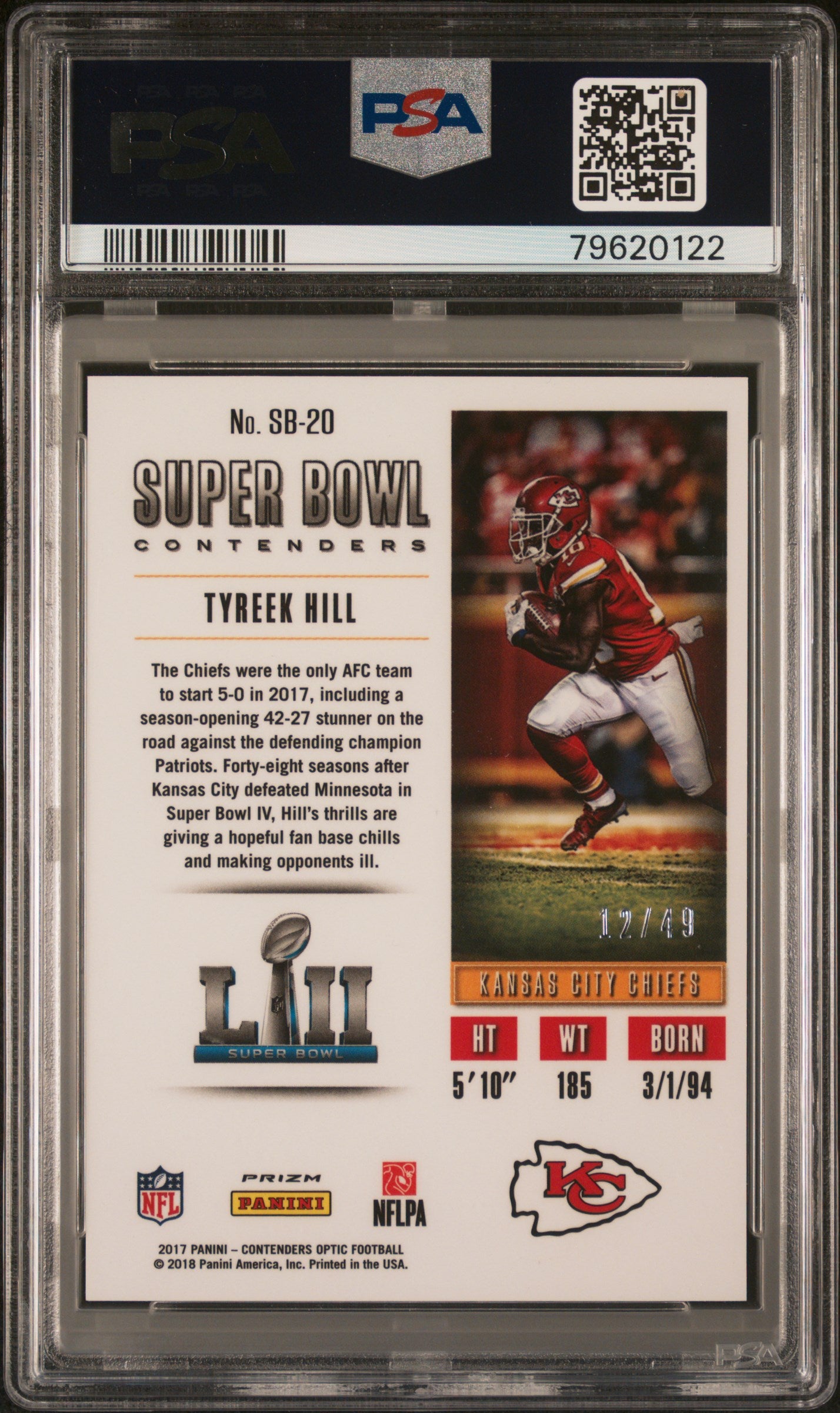 TYREEK HILL 2017 Panini Contenders Optic Super Bowl Red Prizm /49 PSA 10 Chiefs
