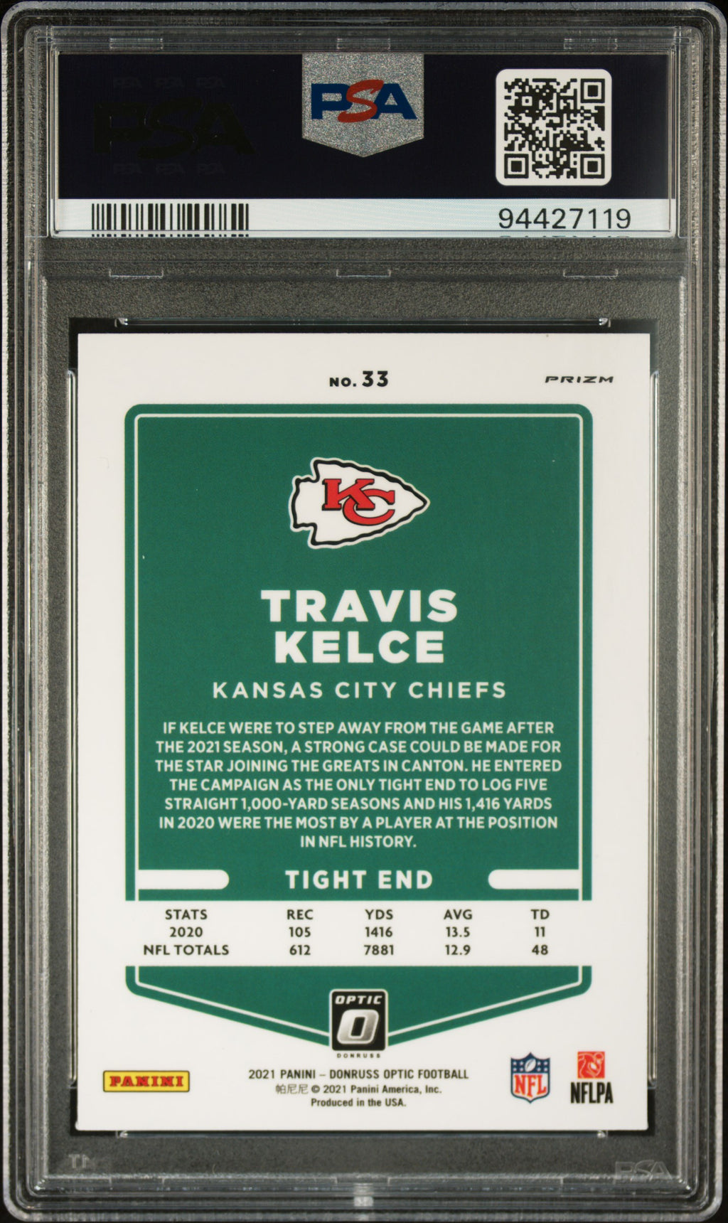 TRAVIS KELCE 2021 Panini Donruss Optic Stars Prizm #33 PSA 10 Gem Mint Chiefs